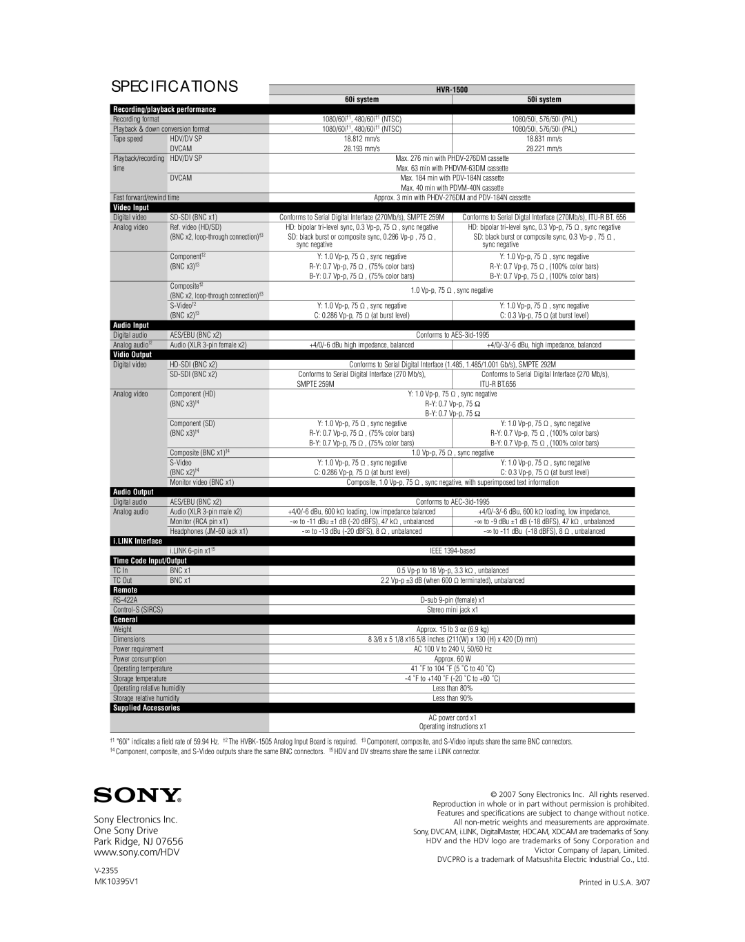 StarTech.com HVR-1500 manual Specifications, MK10395V1 