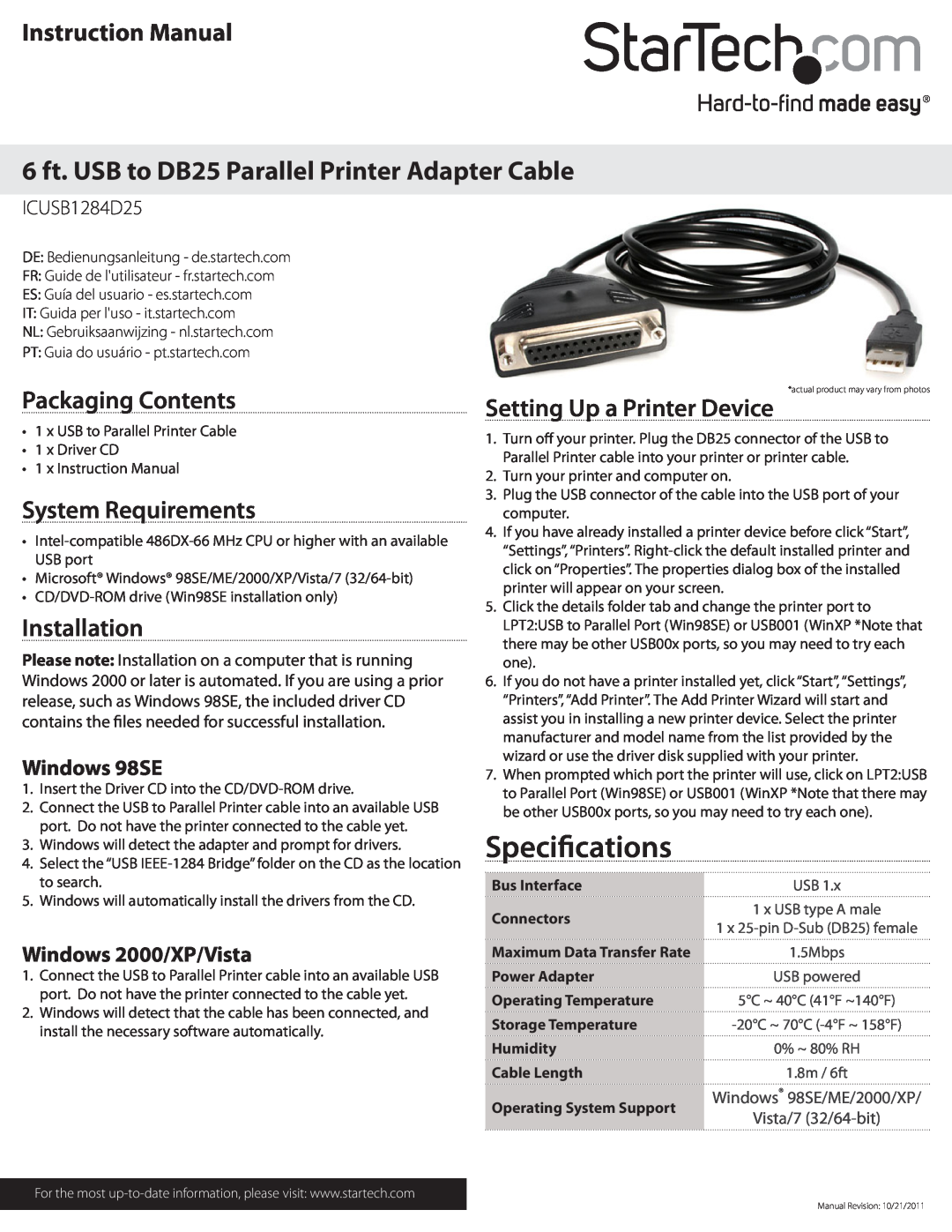StarTech.com ICUSB1284D25 instruction manual Specifications, 6 ft. USB to DB25 Parallel Printer Adapter Cable, Connectors 