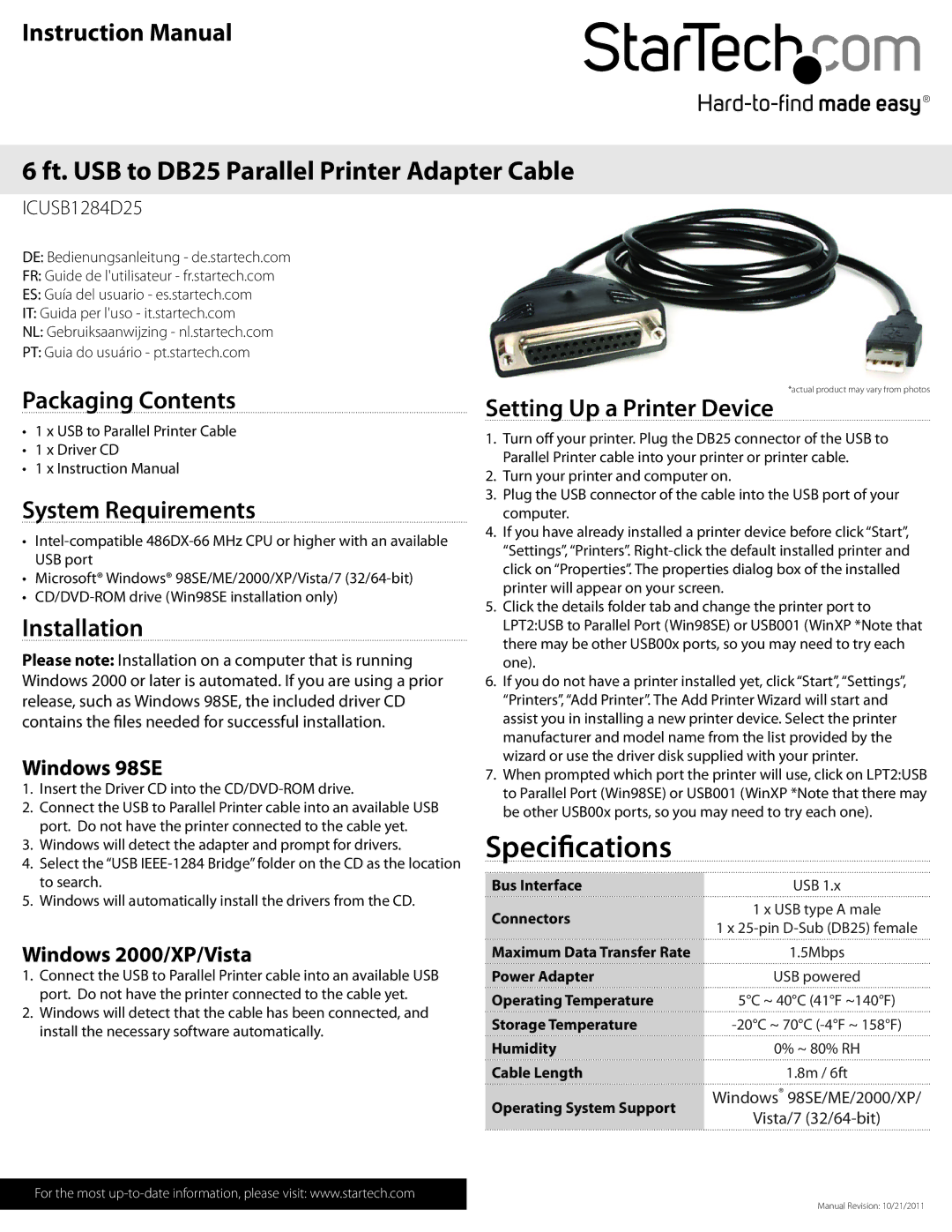 StarTech.com ICUSB1284D25 instruction manual Packaging Contents, System Requirements, Installation 