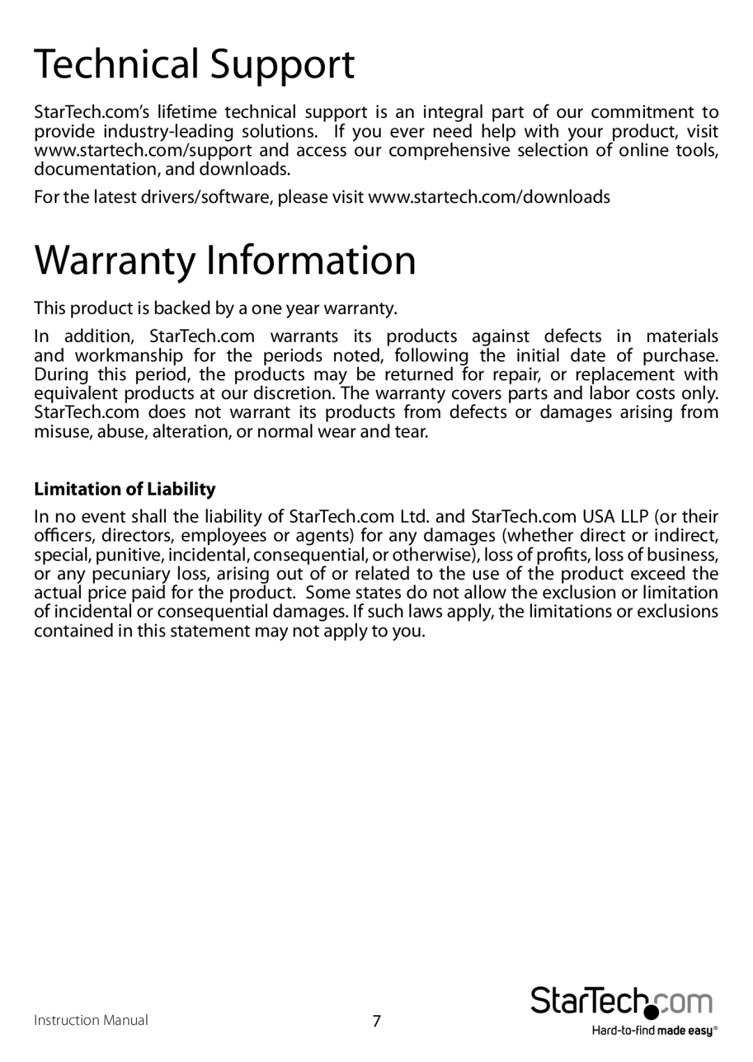 StarTech.com ICUSB23216F manual Technical Support Warranty Information, Limitation of Liability 