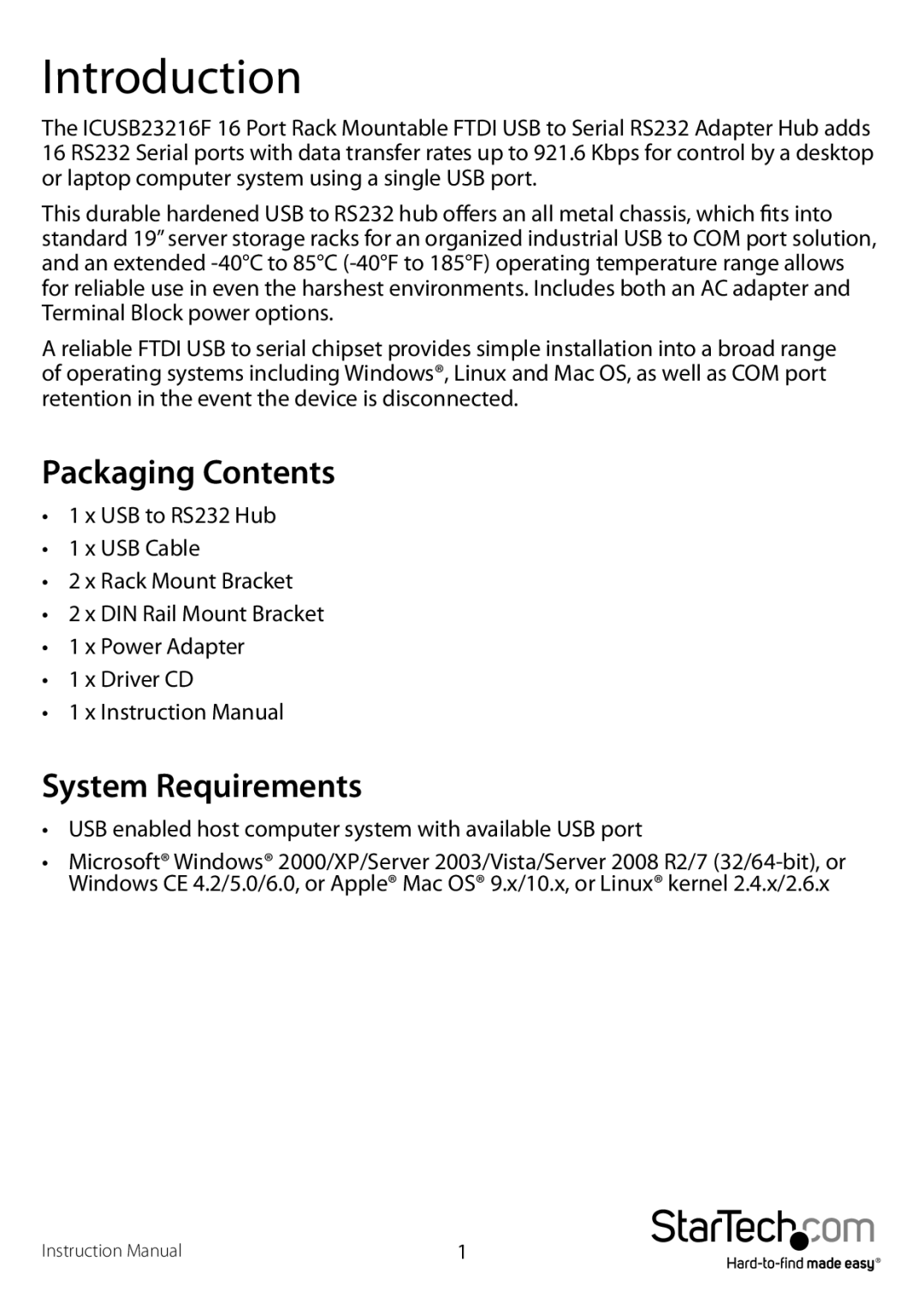 StarTech.com ICUSB23216F manual Packaging Contents, System Requirements 