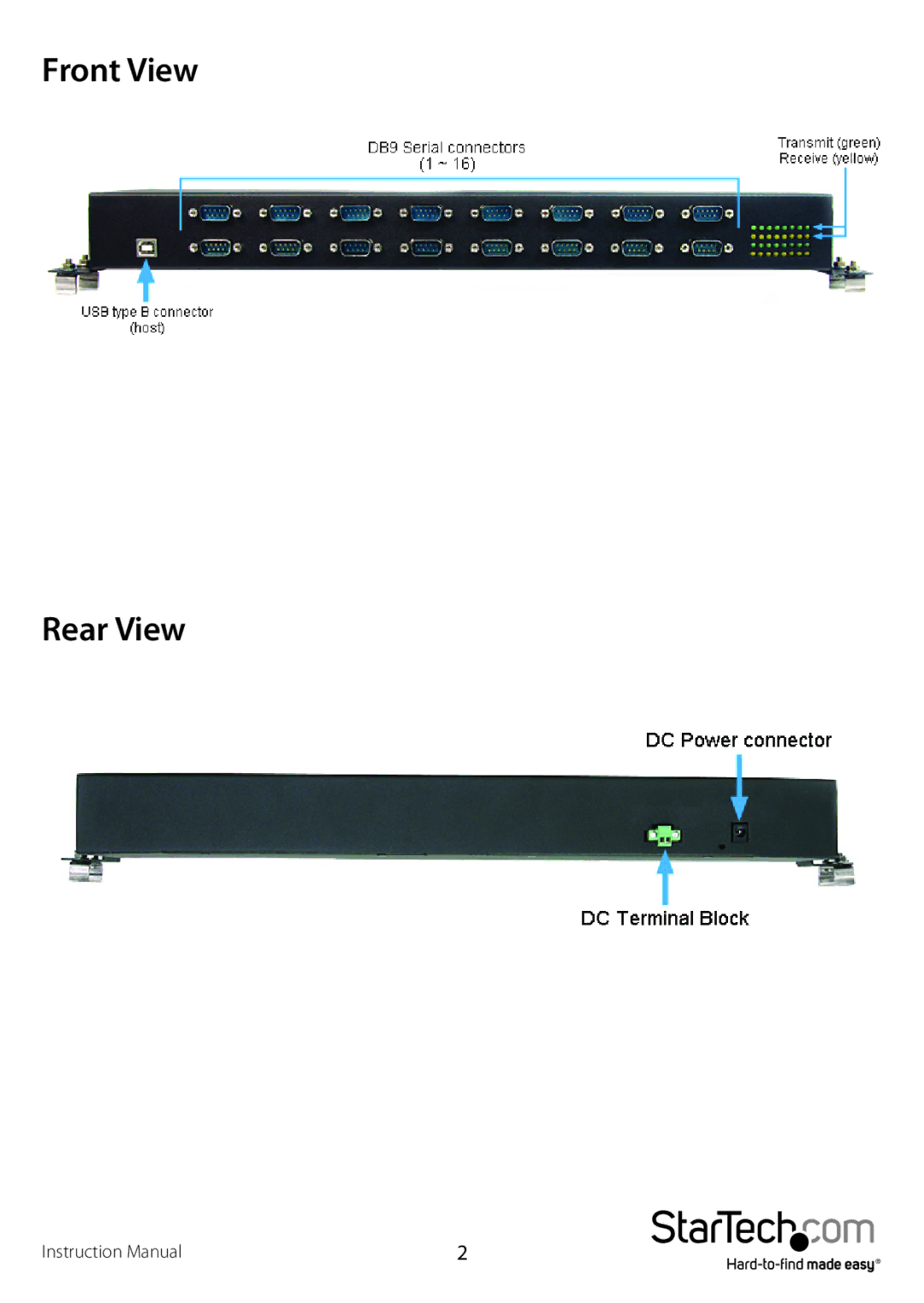 StarTech.com ICUSB23216F manual Front View Rear View 