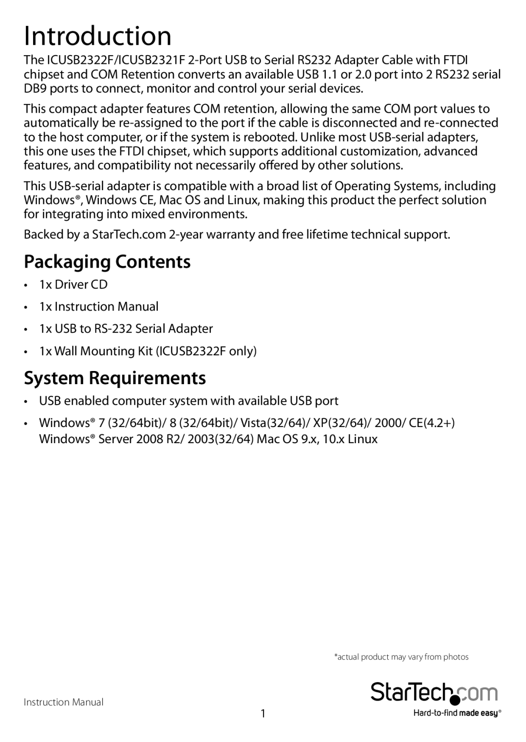 StarTech.com icusb2321f manual Introduction, Packaging Contents, System Requirements 