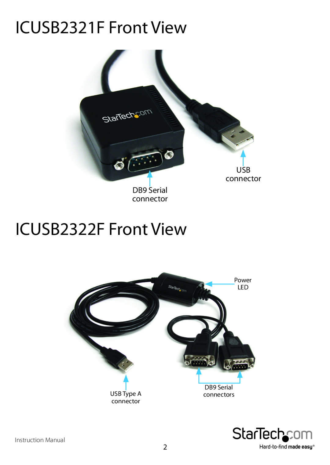 StarTech.com icusb2321f manual ICUSB2321F Front View, ICUSB2322F Front View, USB connector 