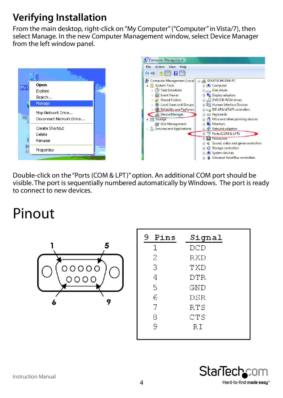 StarTech.com icusb2321f manual Pinout, Verifying Installation 