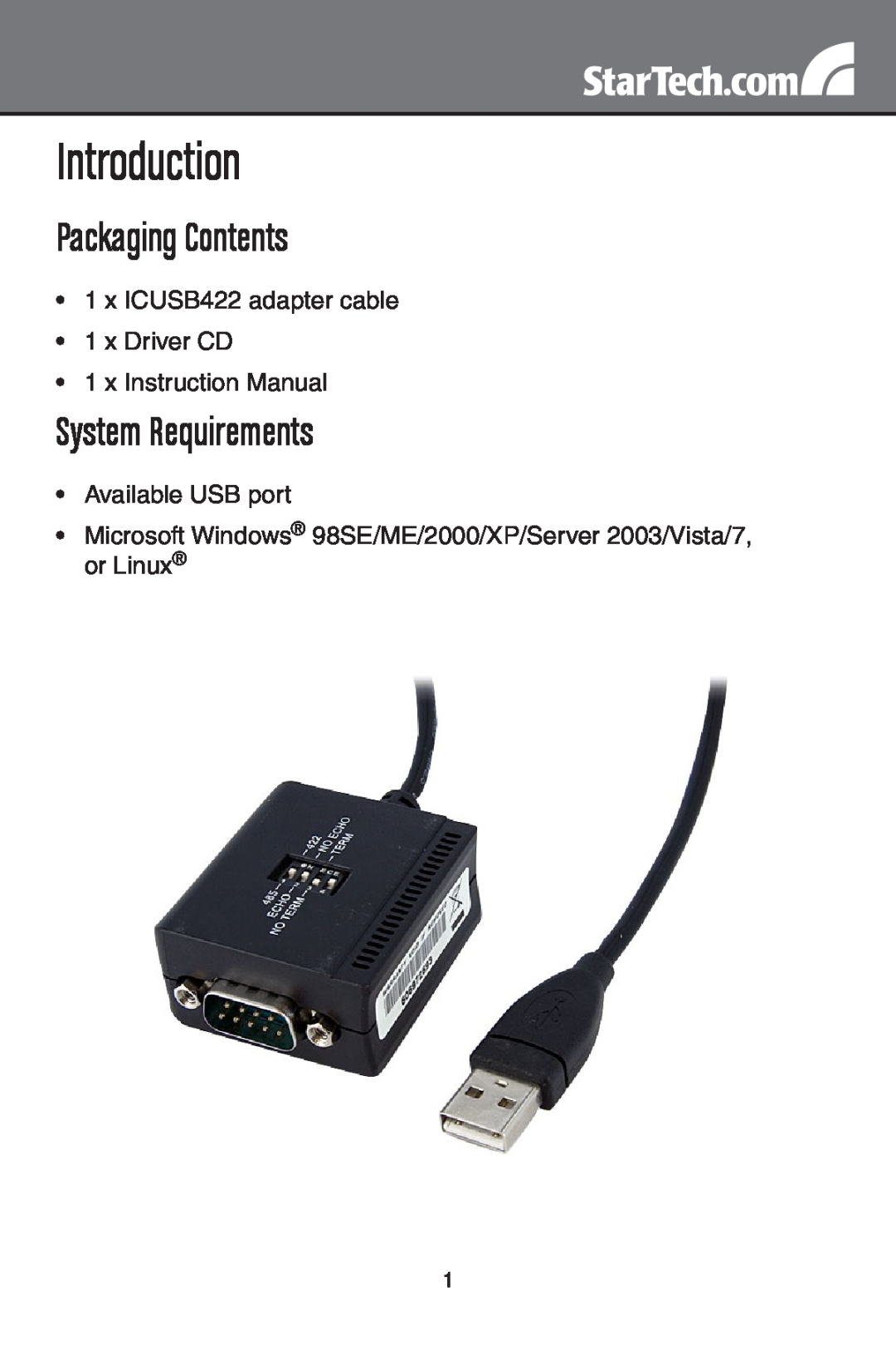 StarTech.com ICUSB422 instruction manual Introduction, Packaging Contents, System Requirements 