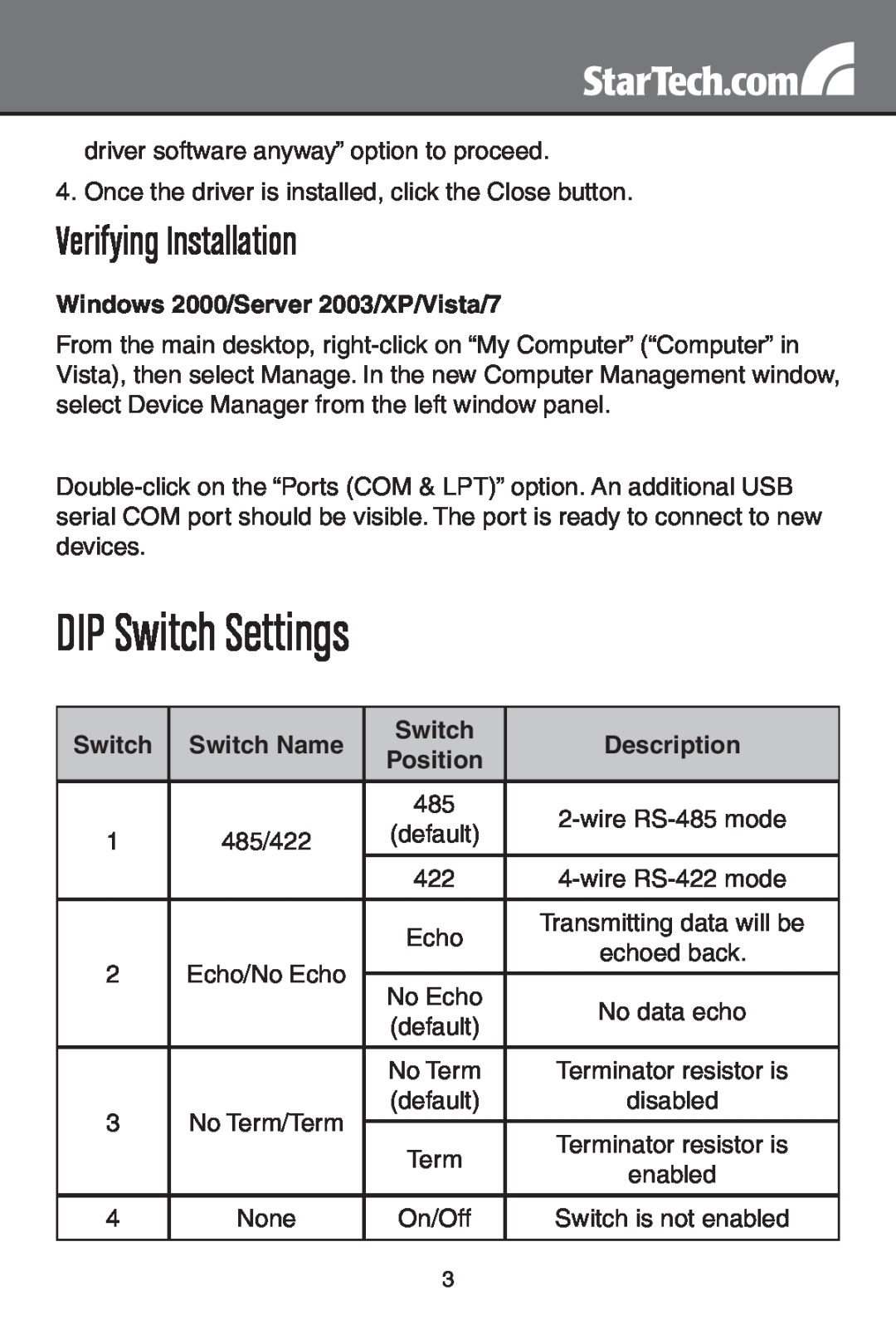 StarTech.com ICUSB422 DIP Switch Settings, Verifying Installation, Windows 2000/Server 2003/XP/Vista/7, Switch Switch Name 