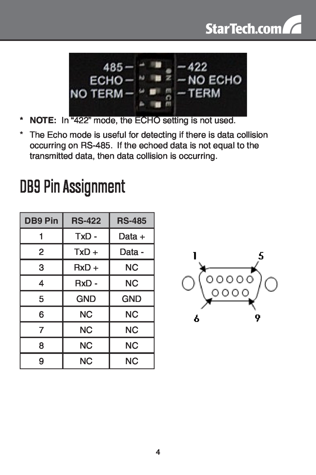 StarTech.com ICUSB422 instruction manual DB9 Pin Assignment, RS-422, RS-485 