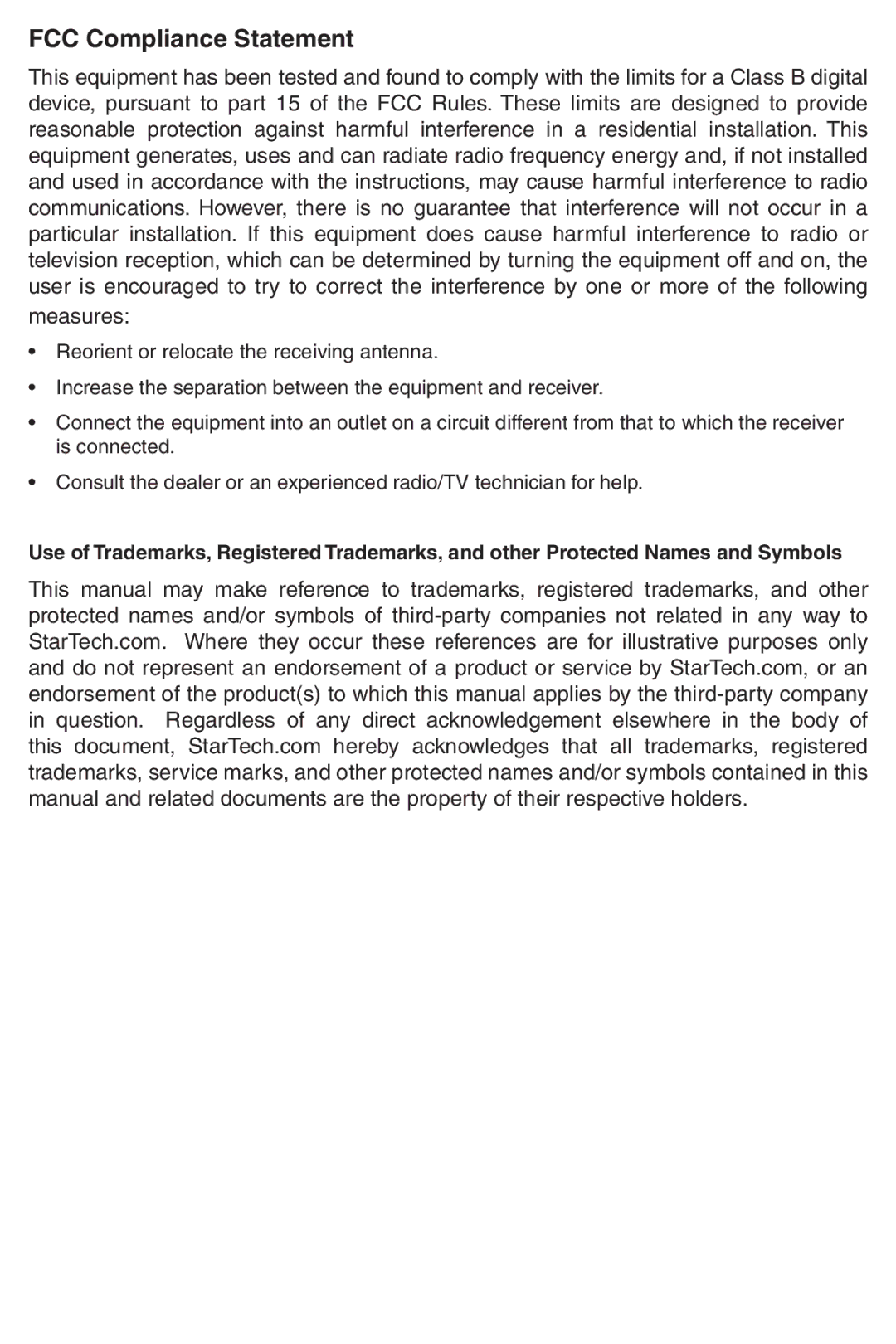 StarTech.com ICUSB422 instruction manual FCC Compliance Statement 