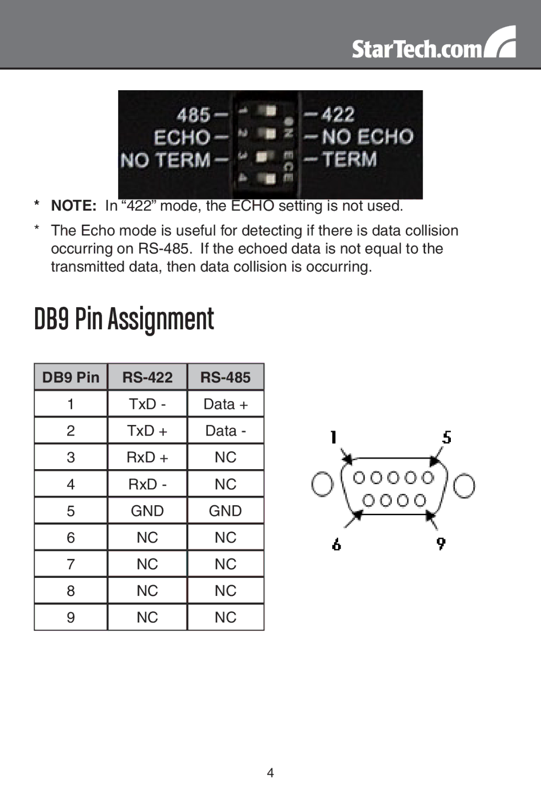 StarTech.com ICUSB422 instruction manual DB9 Pin Assignment, DB9 Pin RS-422 RS-485 