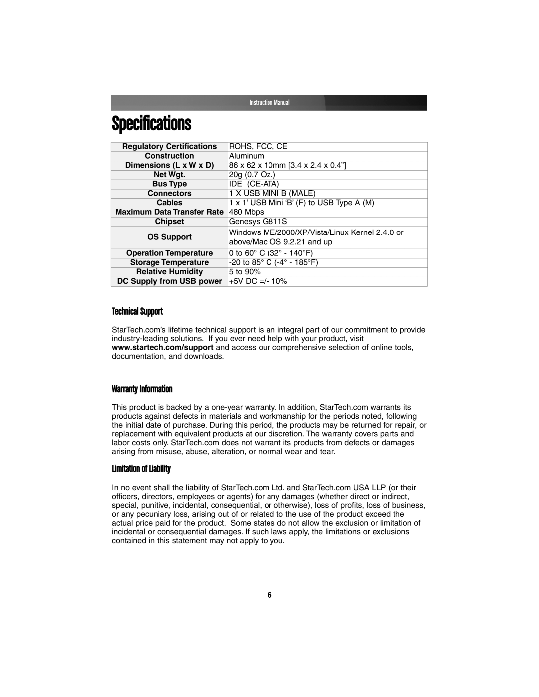 StarTech.com IDE1810U2Z instruction manual Specifications, OS Support 