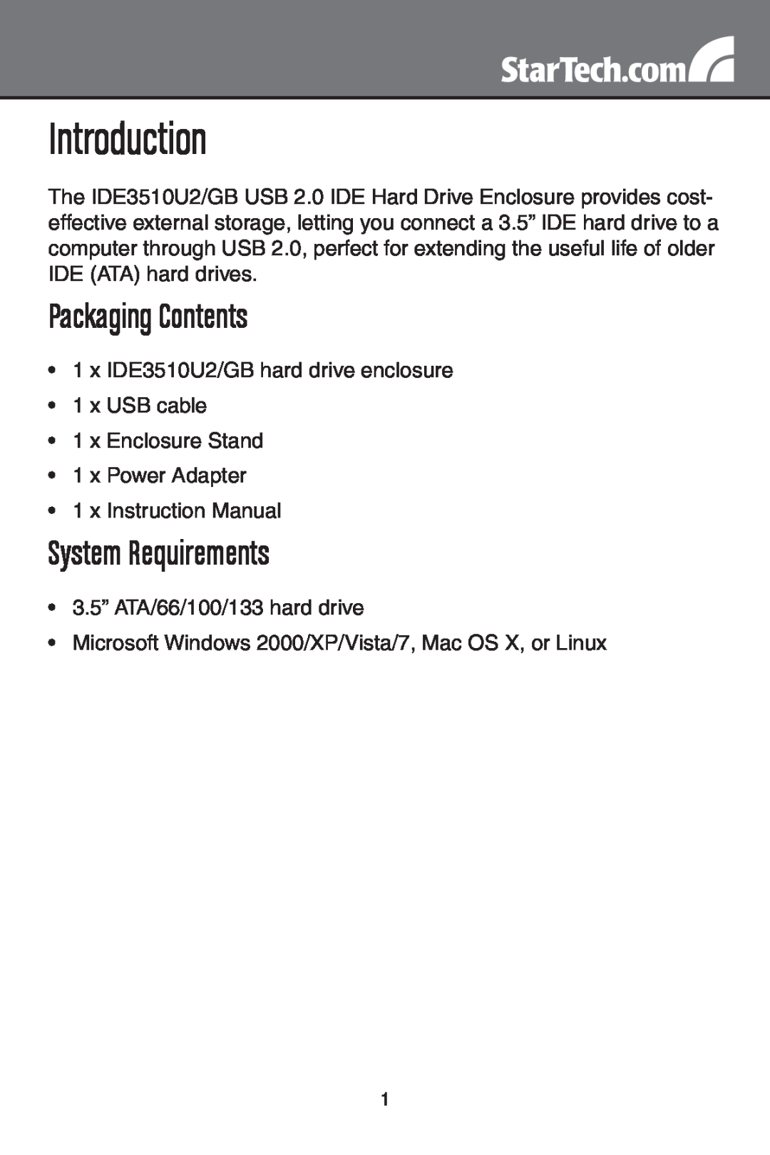 StarTech.com IDE3510U2GB instruction manual Introduction, Packaging Contents, System Requirements 