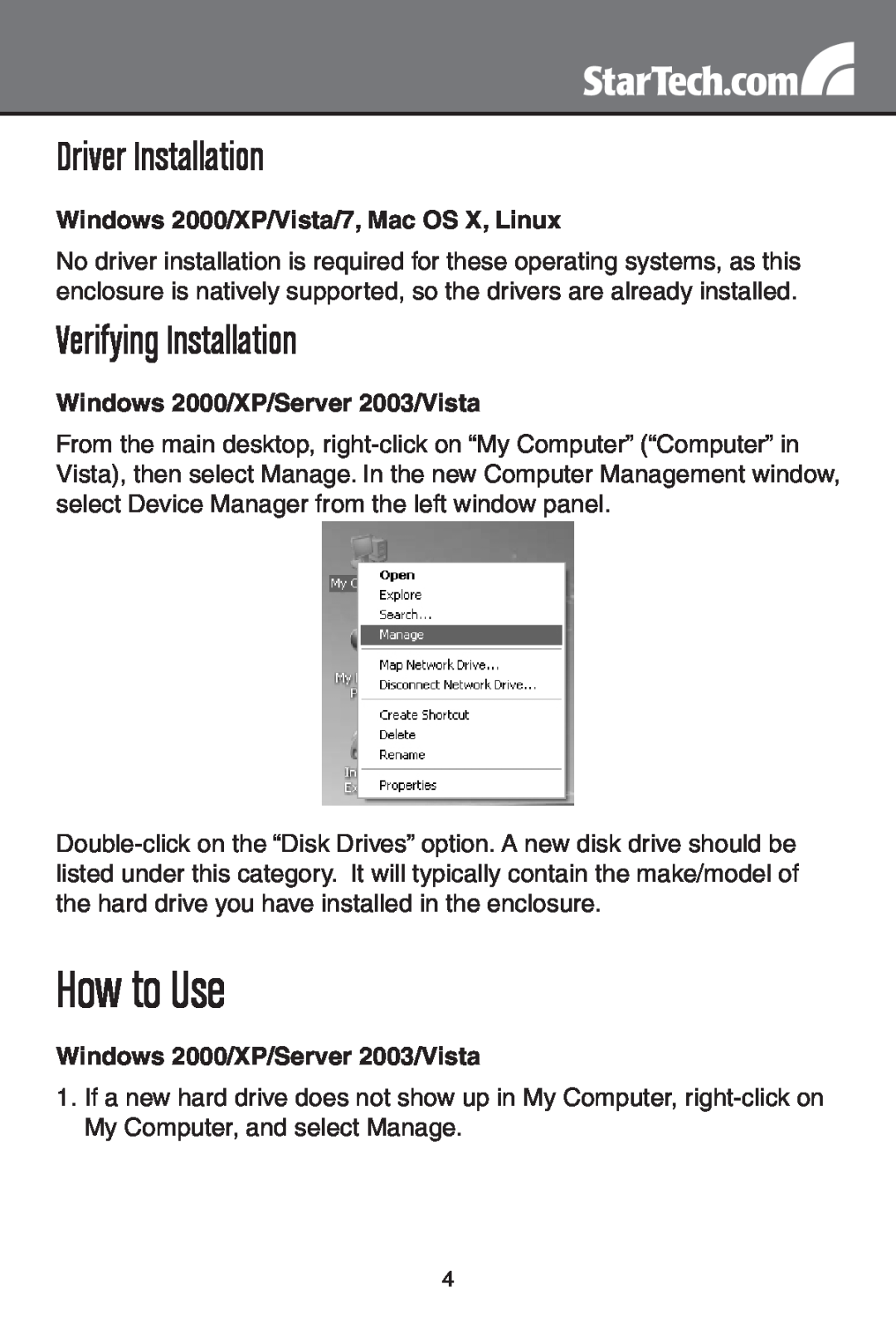 StarTech.com IDE3510U2 How to Use, Driver Installation, Verifying Installation, Windows 2000/XP/Vista/7, Mac OS X, Linux 