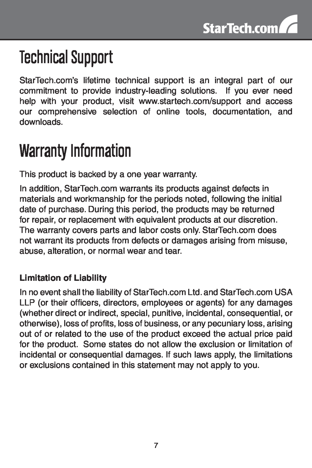 StarTech.com IDE3510U2GB instruction manual Technical Support, Warranty Information, Limitation of Liability 