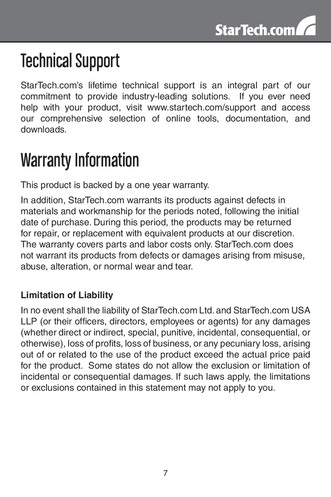 StarTech.com IDE3510U2GB instruction manual Technical Support Warranty Information, Limitation of Liability 