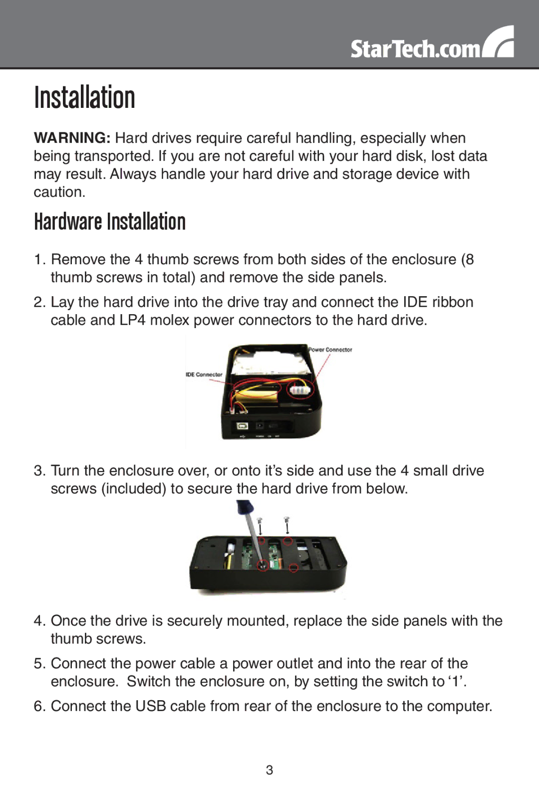 StarTech.com IDE3510U2GB instruction manual Hardware Installation 