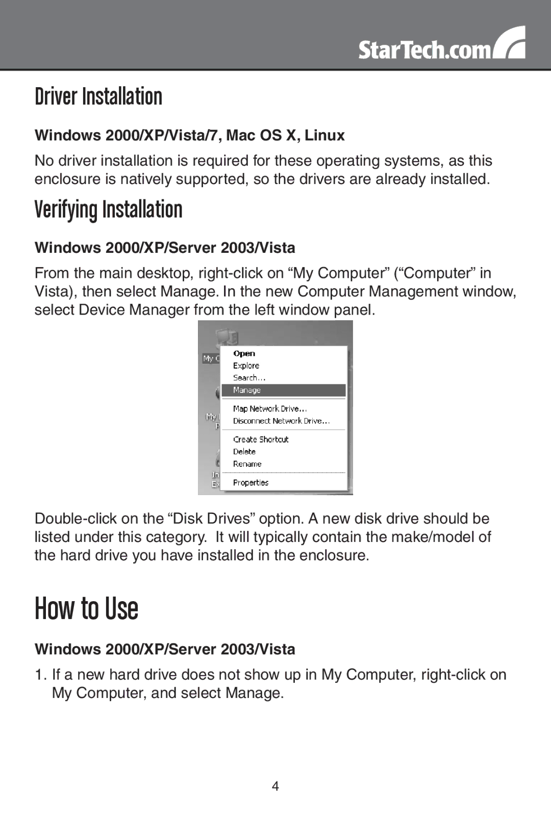 StarTech.com IDE3510U2 How to Use, Windows 2000/XP/Vista/7, Mac OS X, Linux, Windows 2000/XP/Server 2003/Vista 