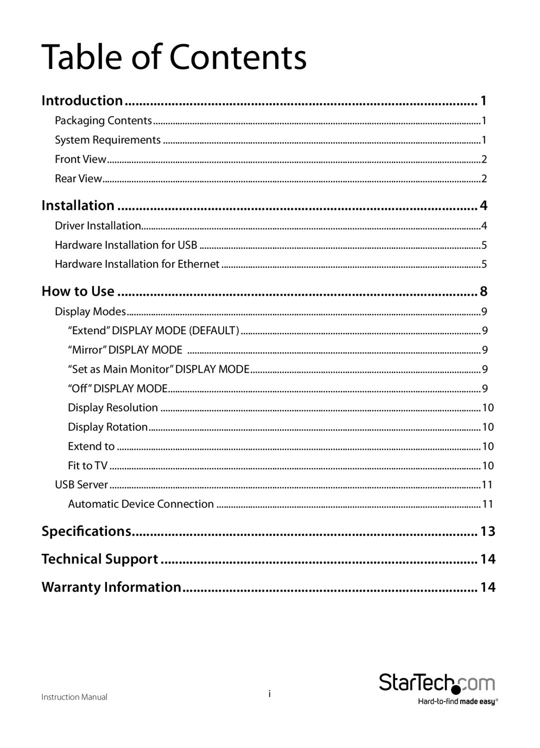 StarTech.com IPUSB2HD2 manual Table of Contents 