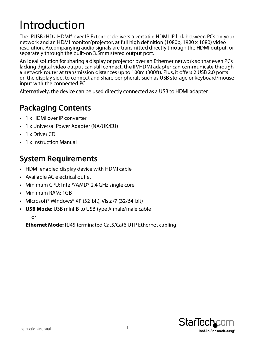 StarTech.com IPUSB2HD2 manual Introduction, Packaging Contents, System Requirements 