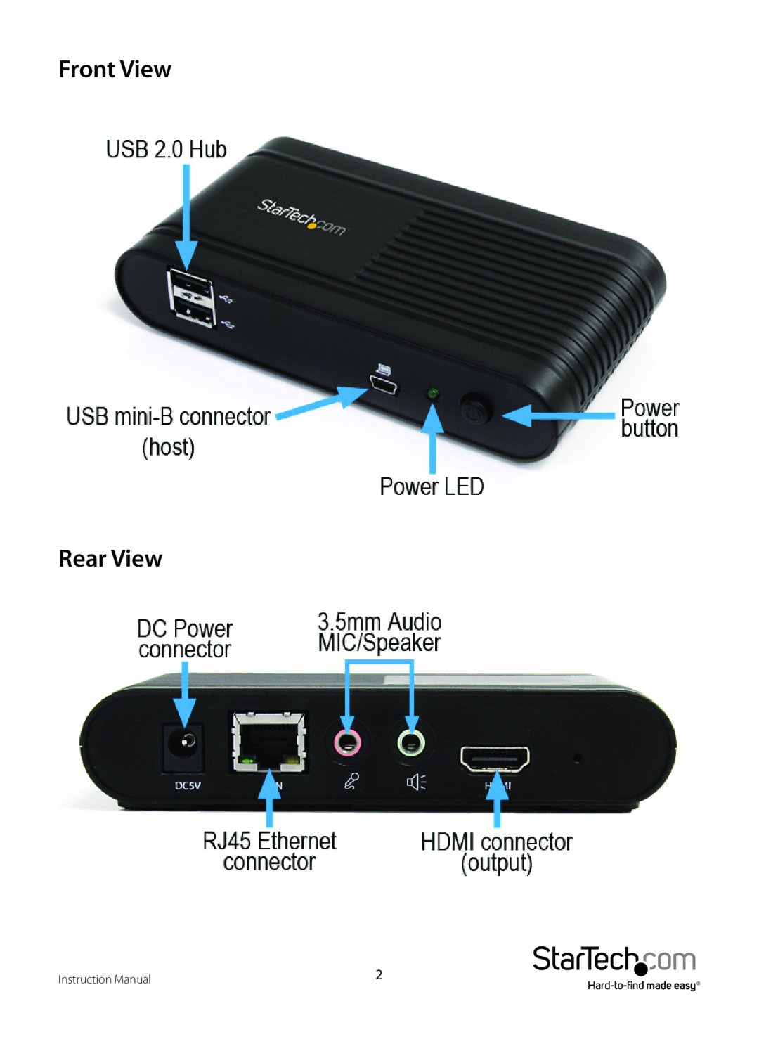 StarTech.com IPUSB2HD2 manual Front View Rear View 