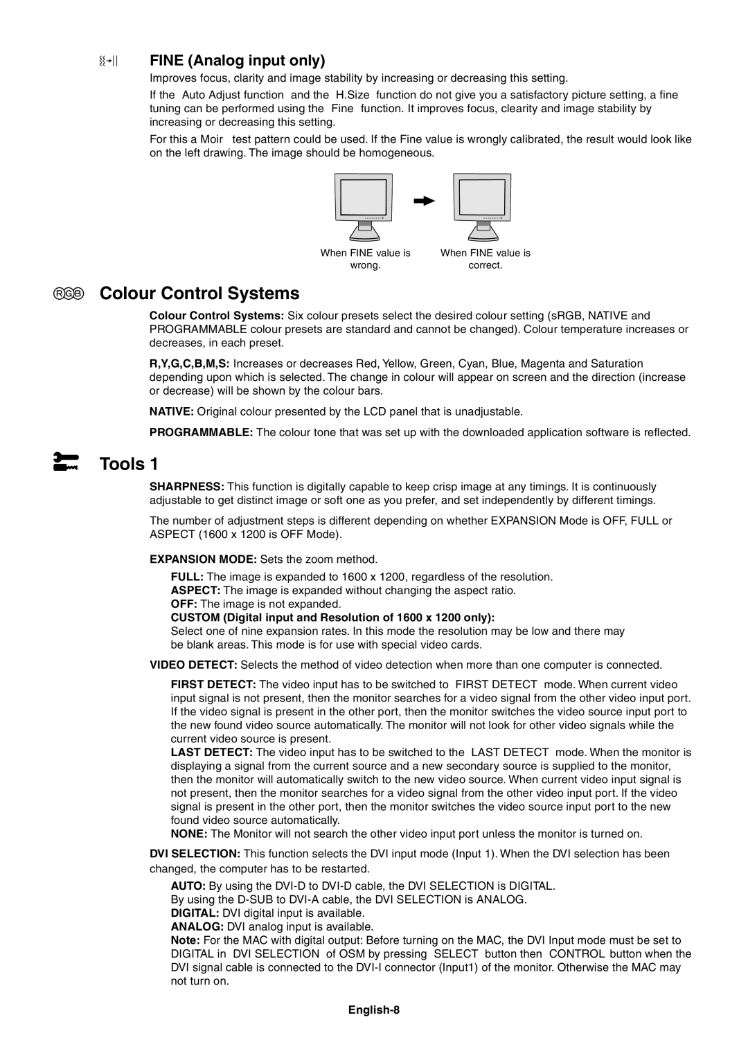 StarTech.com LCD2180UX user manual Colour Control Systems, Tools, Fine Analog input only, English-8 