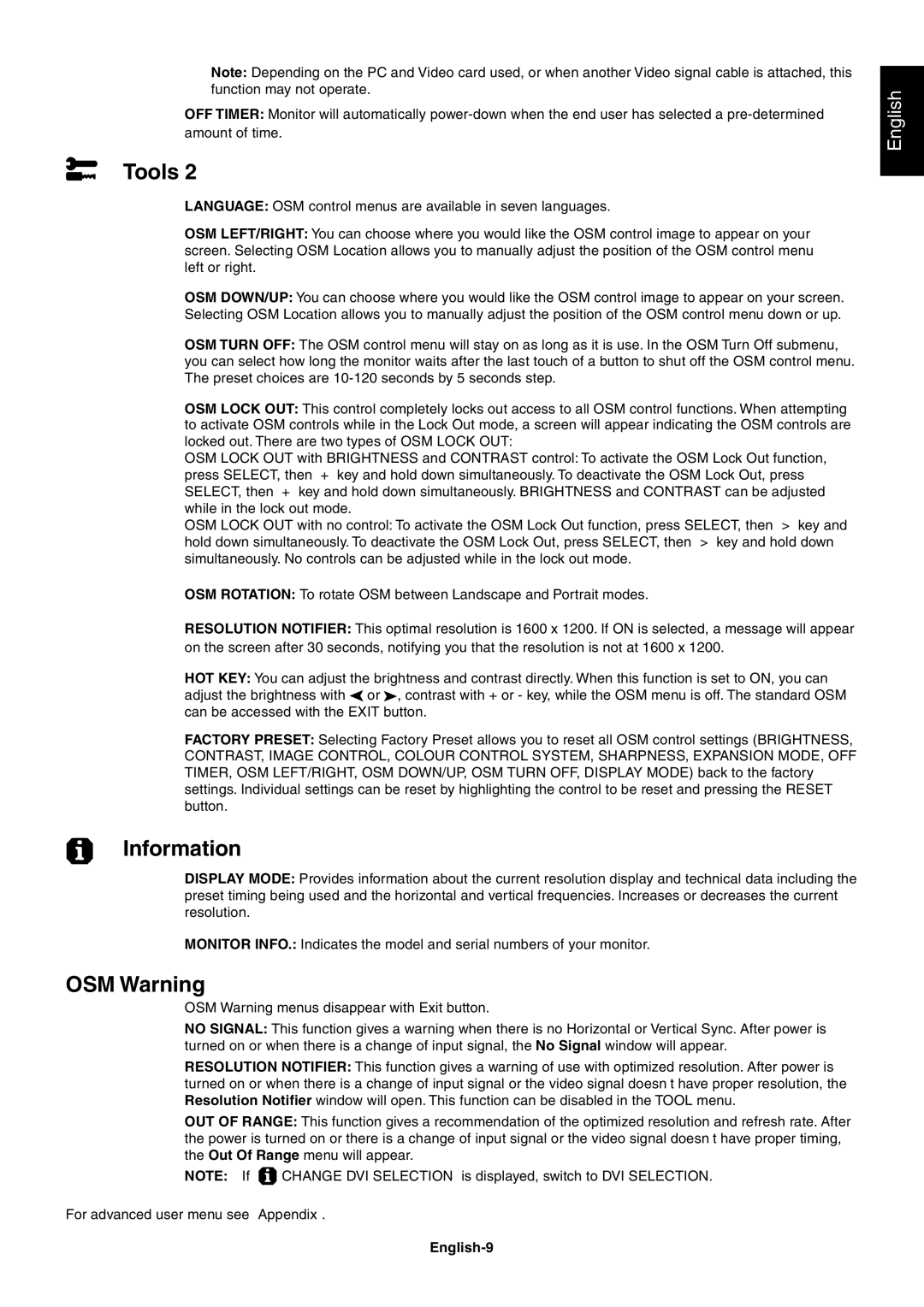 StarTech.com LCD2180UX user manual Information, OSM Warning, English-9 