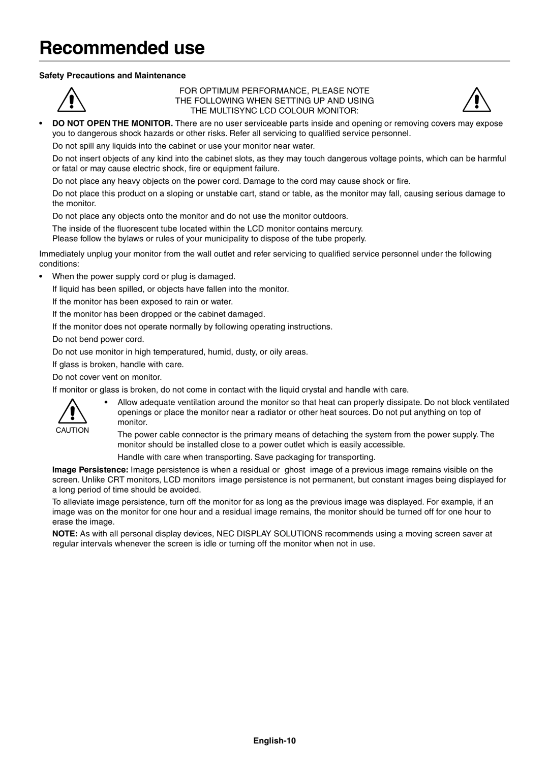 StarTech.com LCD2180UX user manual Recommended use, Safety Precautions and Maintenance, English-10 