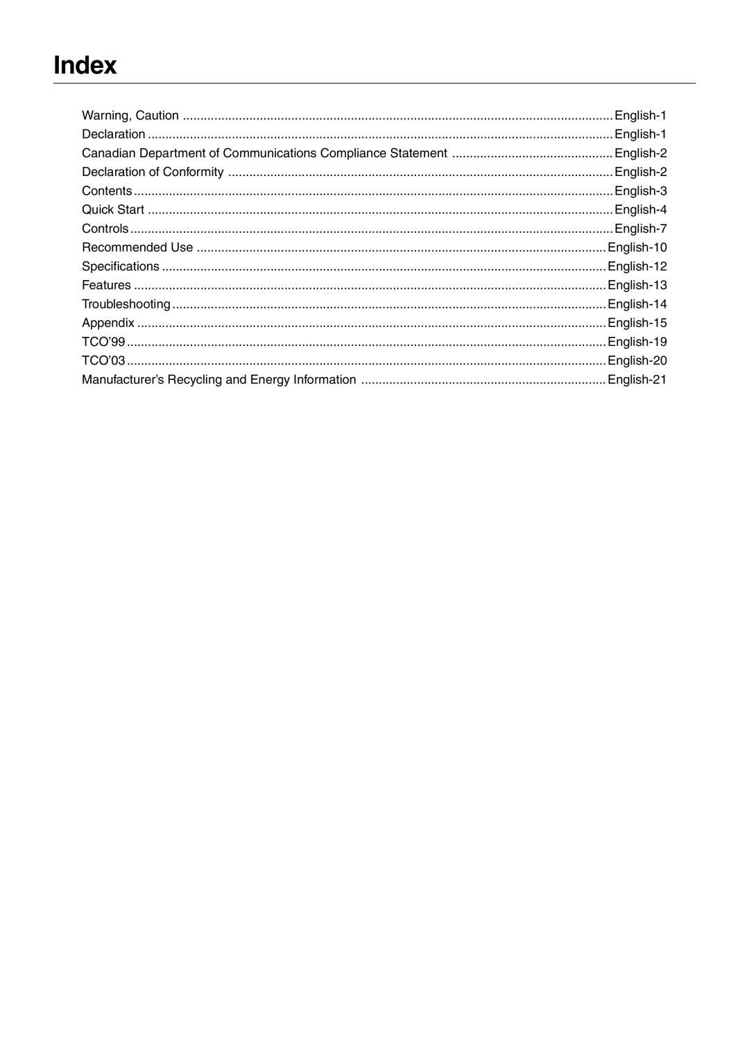 StarTech.com LCD2180UX user manual Index, English-21 