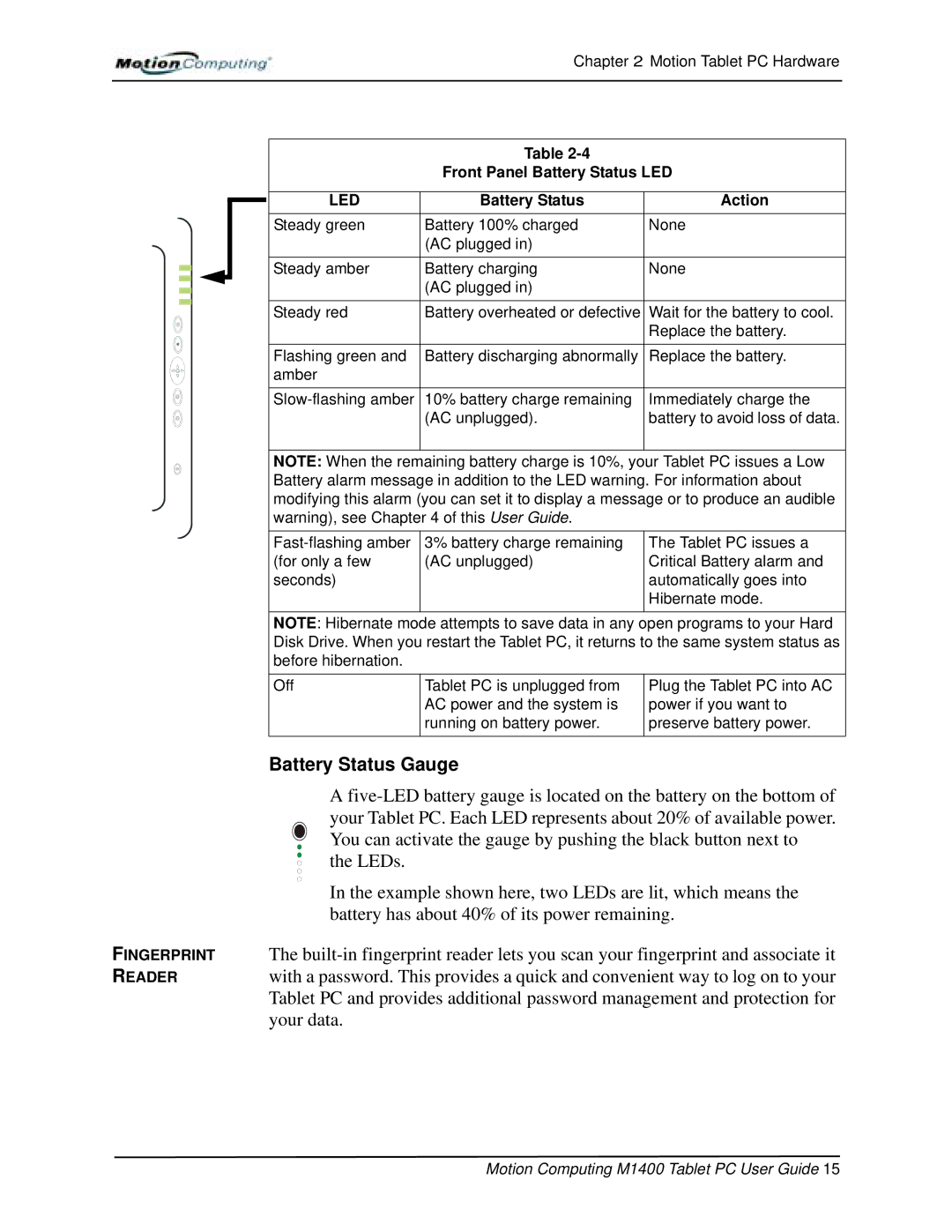 StarTech.com M1400 manual Battery Status Gauge, Battery Status Action 