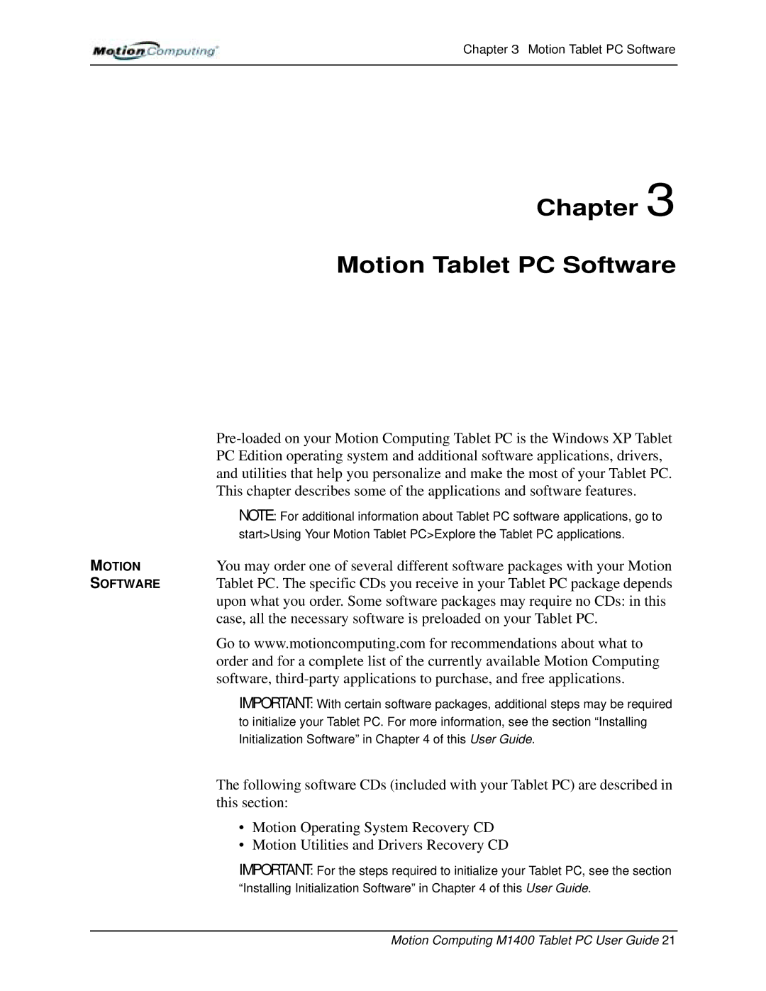 StarTech.com M1400 manual Chapter Motion Tablet PC Software 