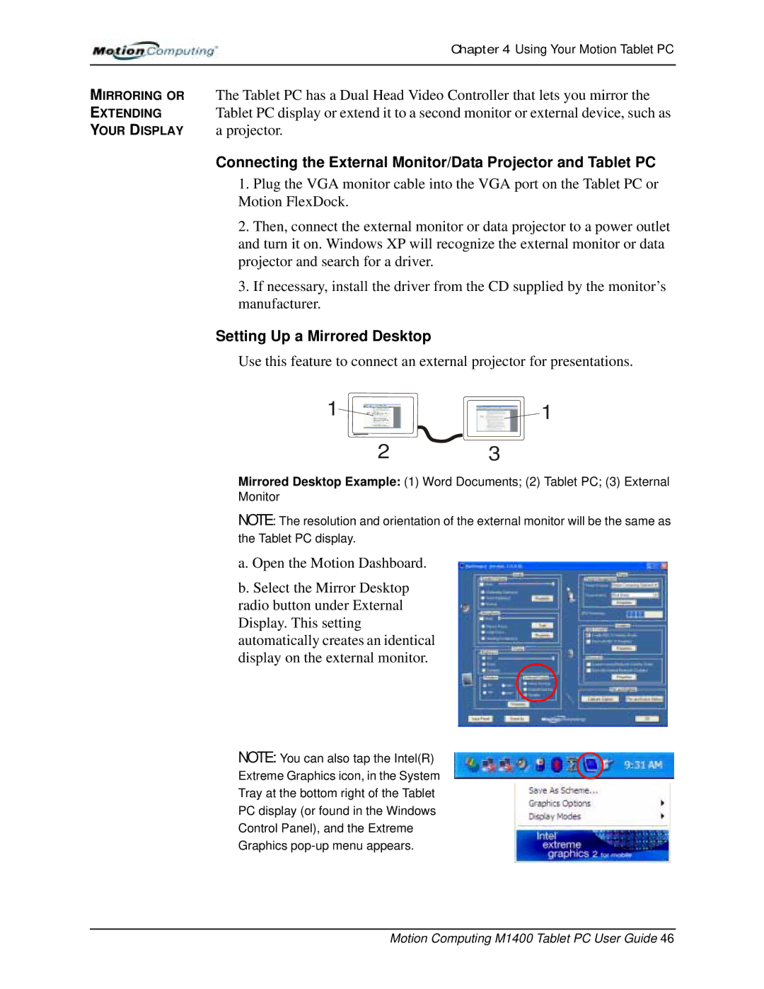 StarTech.com M1400 manual Connecting the External Monitor/Data Projector and Tablet PC, Setting Up a Mirrored Desktop 