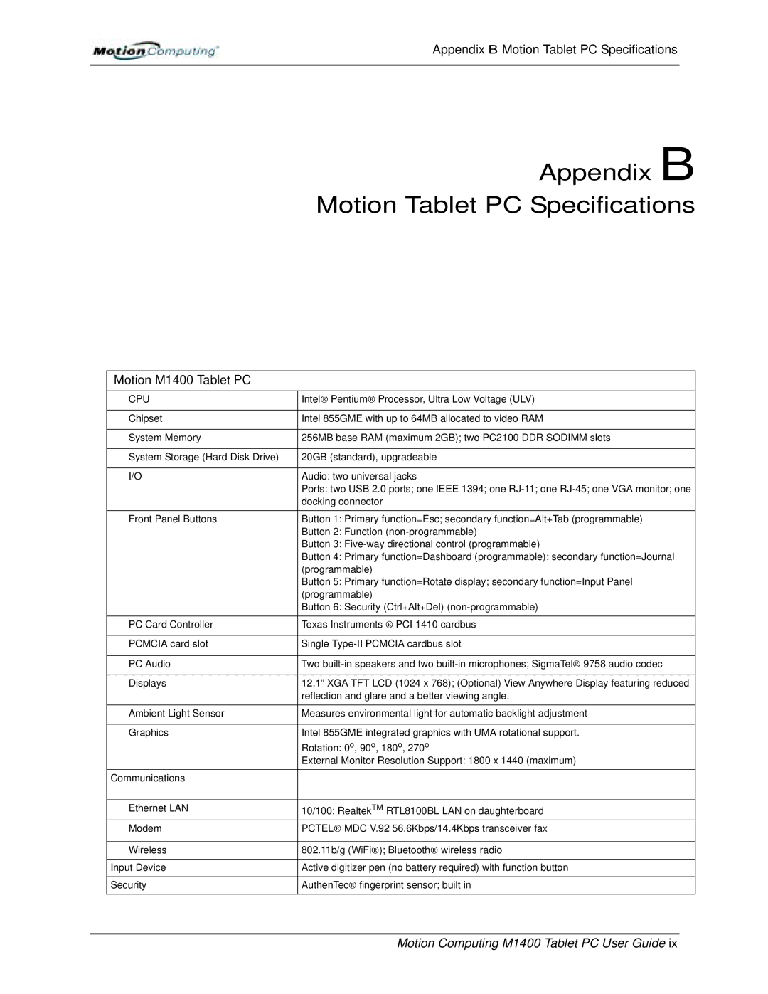 StarTech.com M1400 manual Appendix B Motion Tablet PC Specifications 