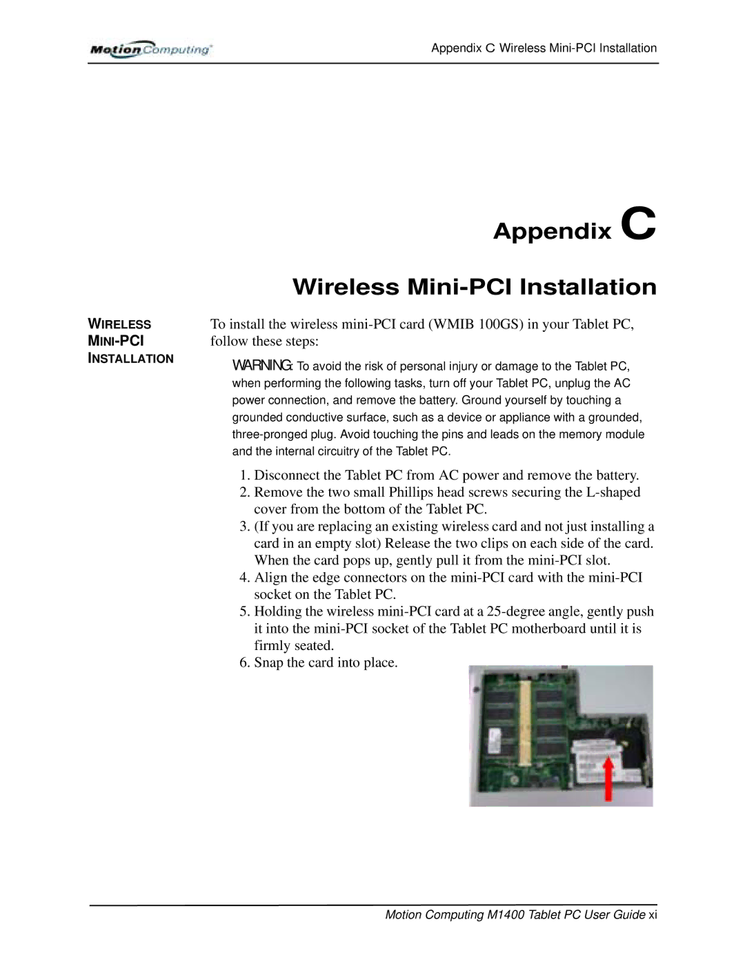 StarTech.com M1400 manual Appendix C Wireless Mini-PCI Installation 