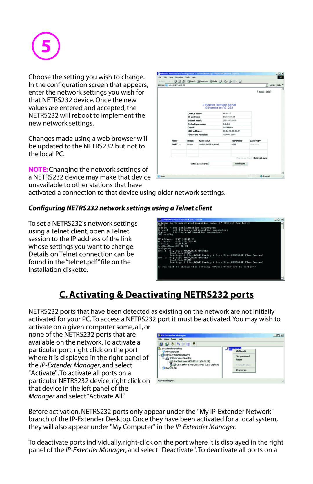 StarTech.com manual Activating & Deactivating NETRS232 ports 