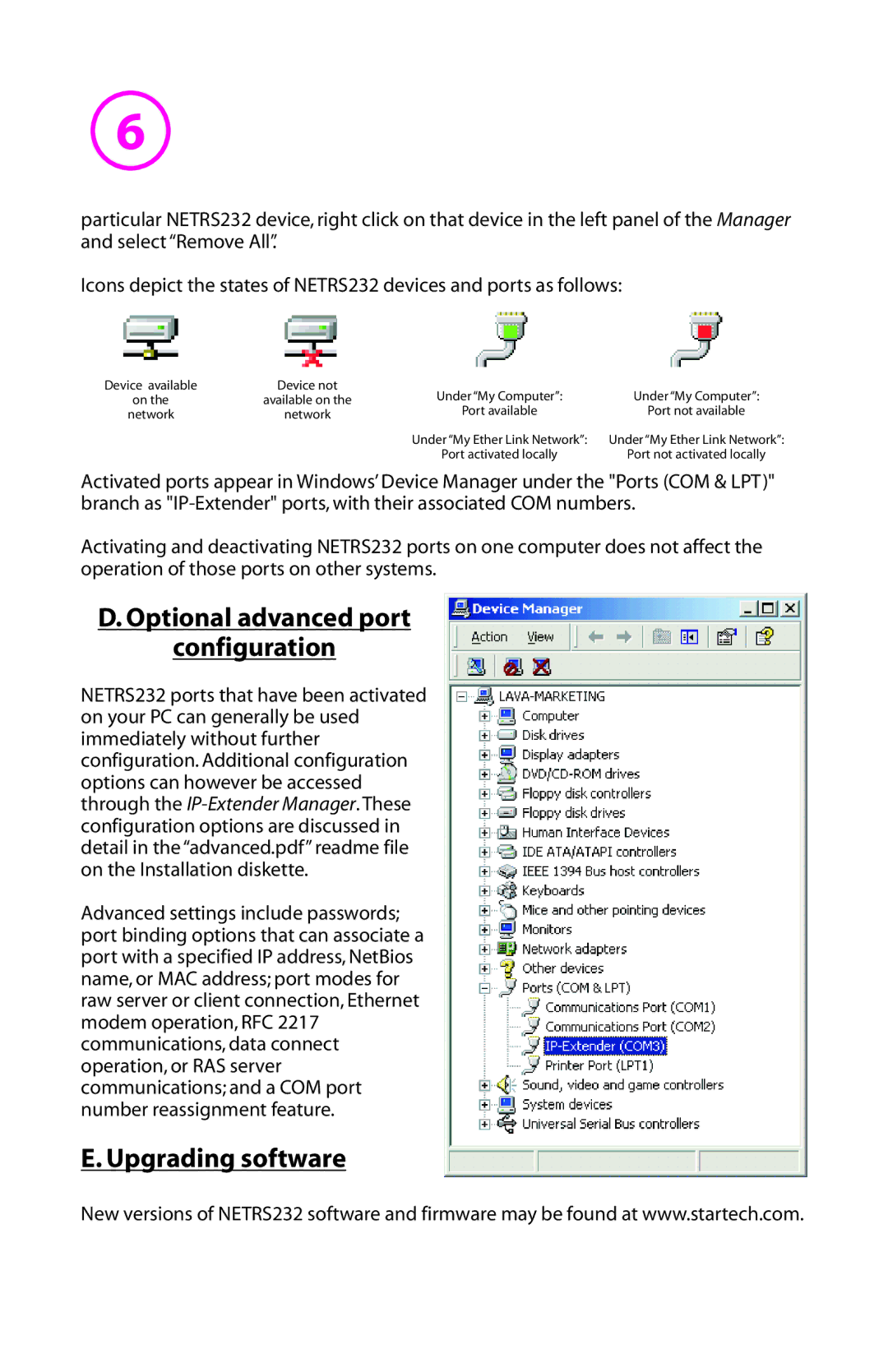 StarTech.com NETRS232 manual Optional advanced port Configuration, Upgrading software 