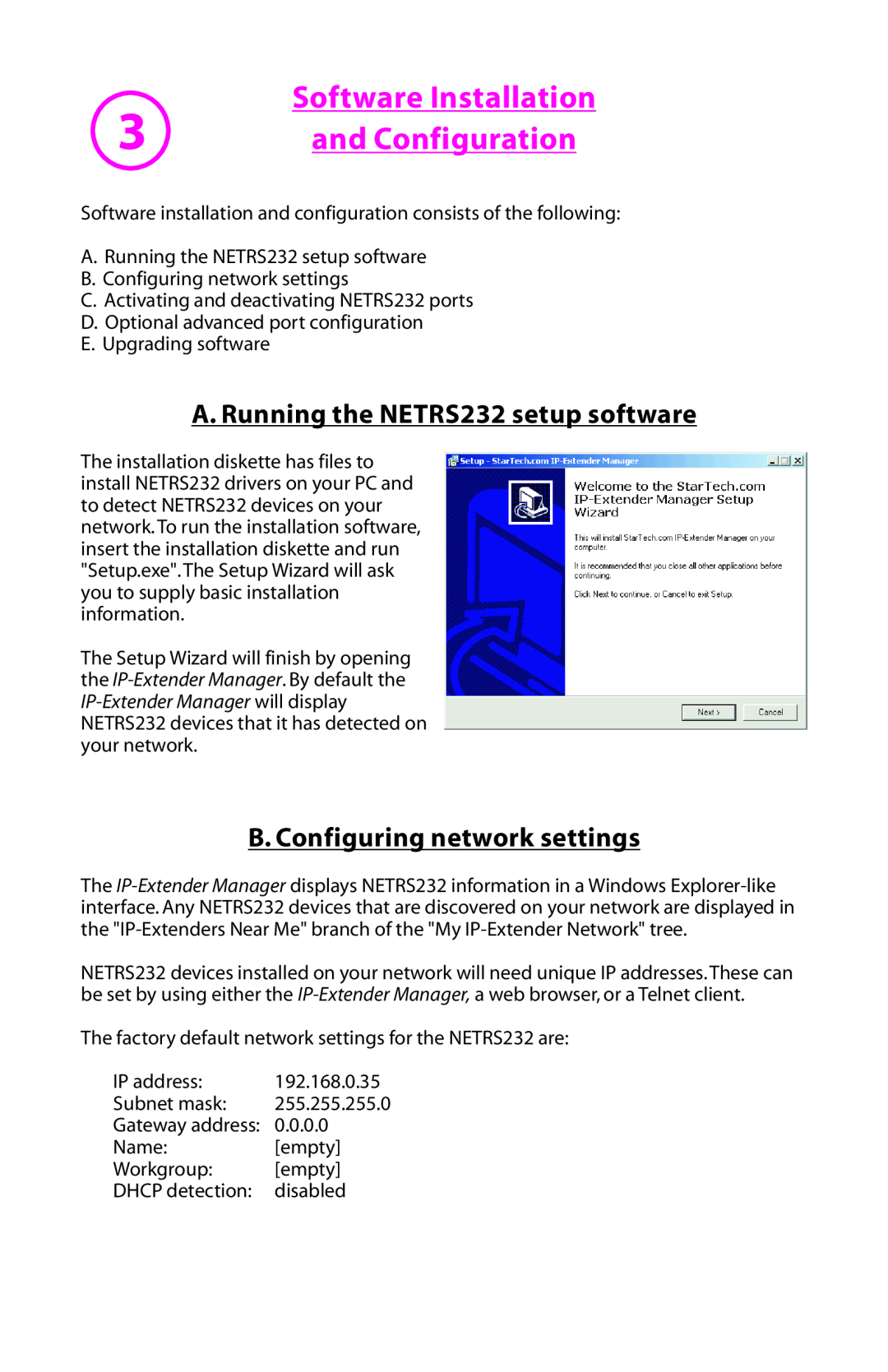 StarTech.com manual A. Running the NETRS232 setup software, B. Configuring network settings, Software Installation 