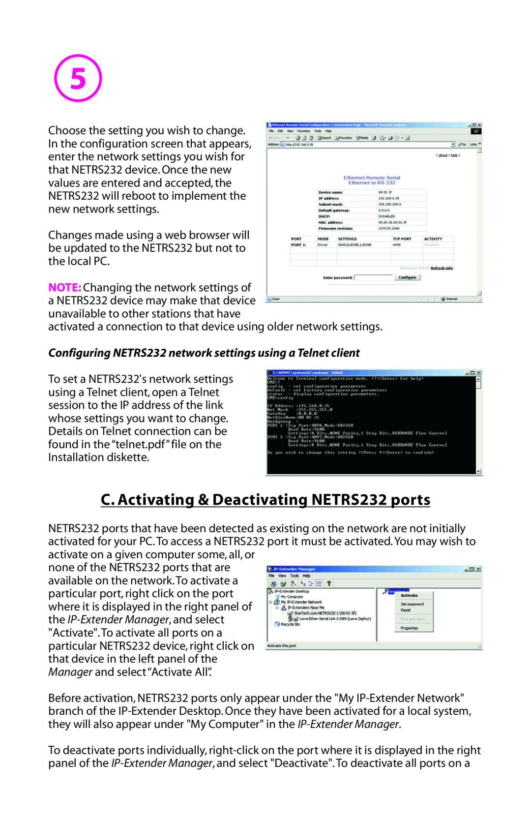 StarTech.com C. Activating & Deactivating NETRS232 ports, Configuring NETRS232 network settings using a Telnet client 