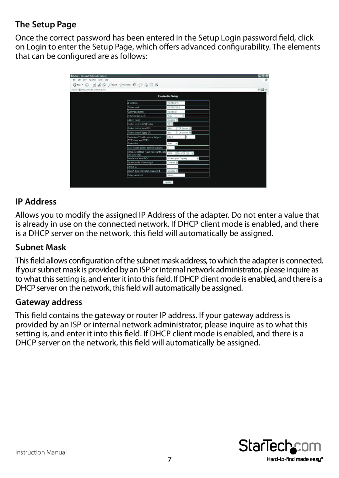 StarTech.com NETRS2321EGB, NETRS2321EEU manual Setup, IP Address, Subnet Mask, Gateway address 