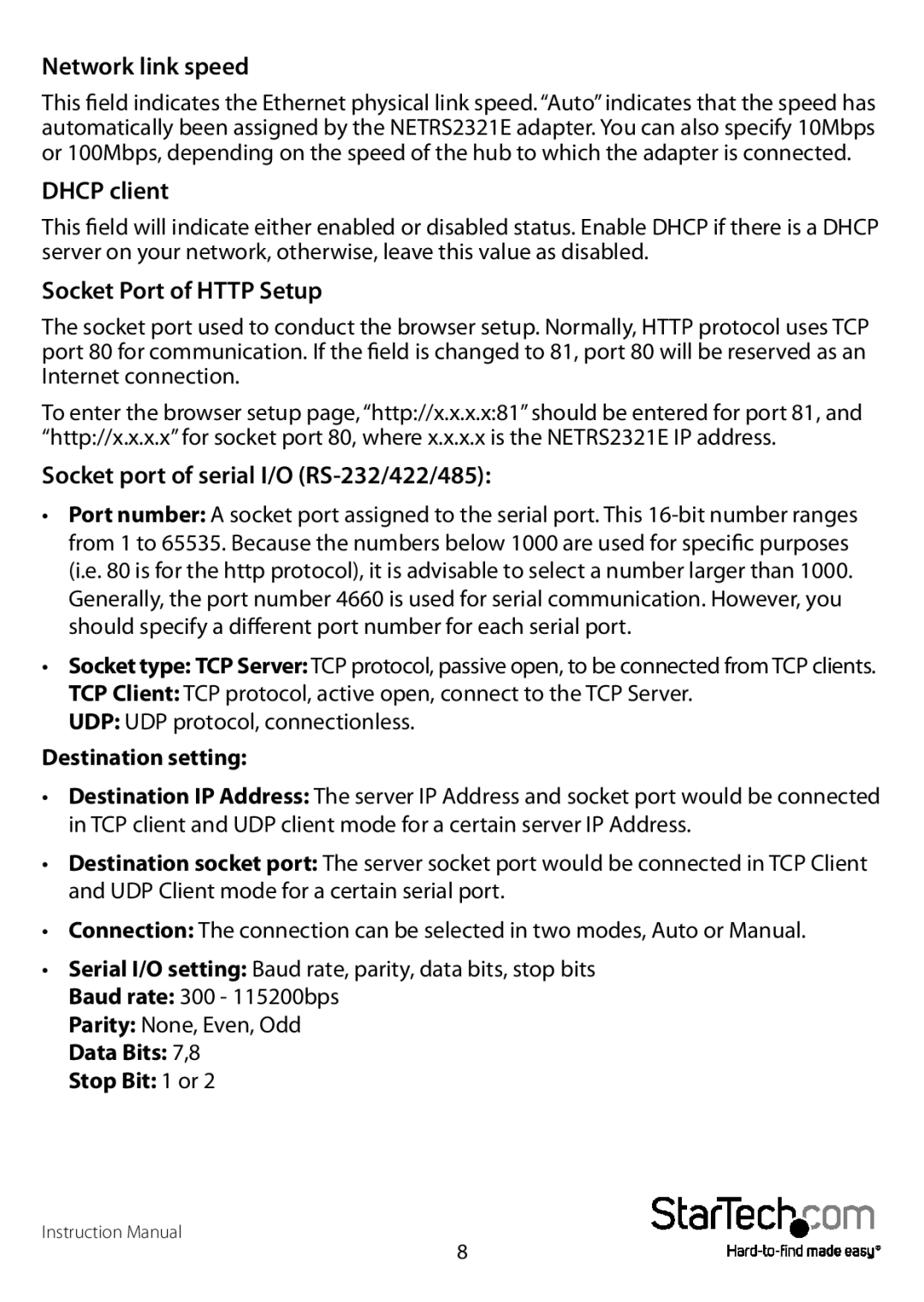 StarTech.com NETRS2321EEU, NETRS2321EGB manual Network link speed, Dhcp client, Socket Port of Http Setup 