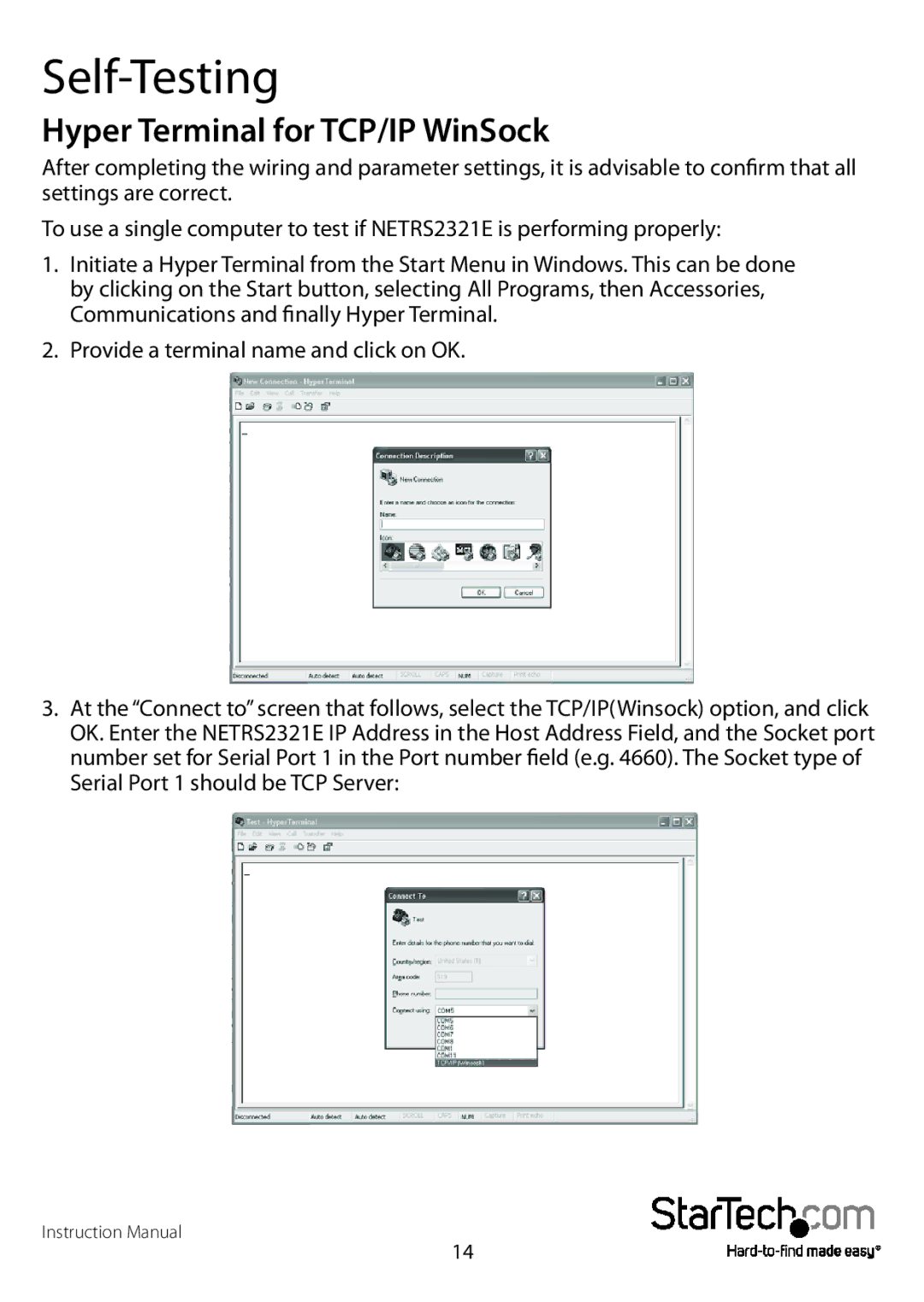 StarTech.com NETRS2321EEU, NETRS2321EGB manual Self-Testing, Hyper Terminal for TCP/IP WinSock 