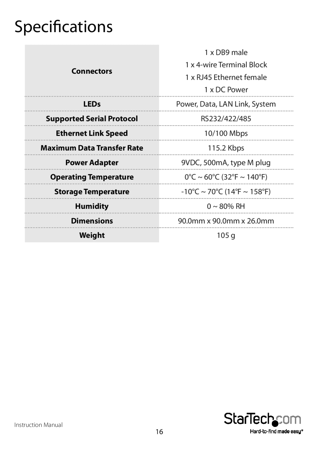 StarTech.com NETRS2321EGB, NETRS2321EEU manual Specifications 