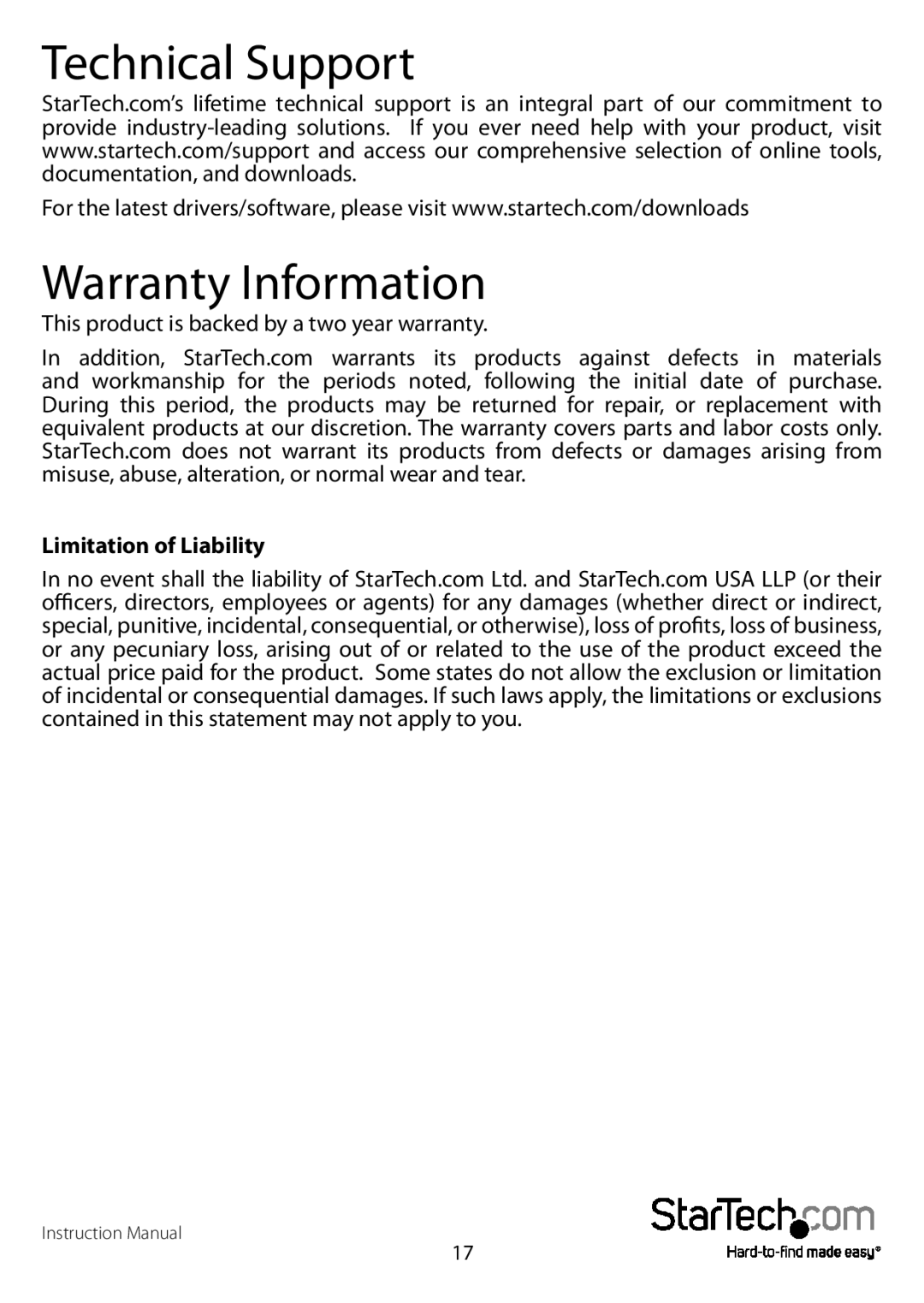 StarTech.com NETRS2321EEU, NETRS2321EGB manual Technical Support Warranty Information, Limitation of Liability 