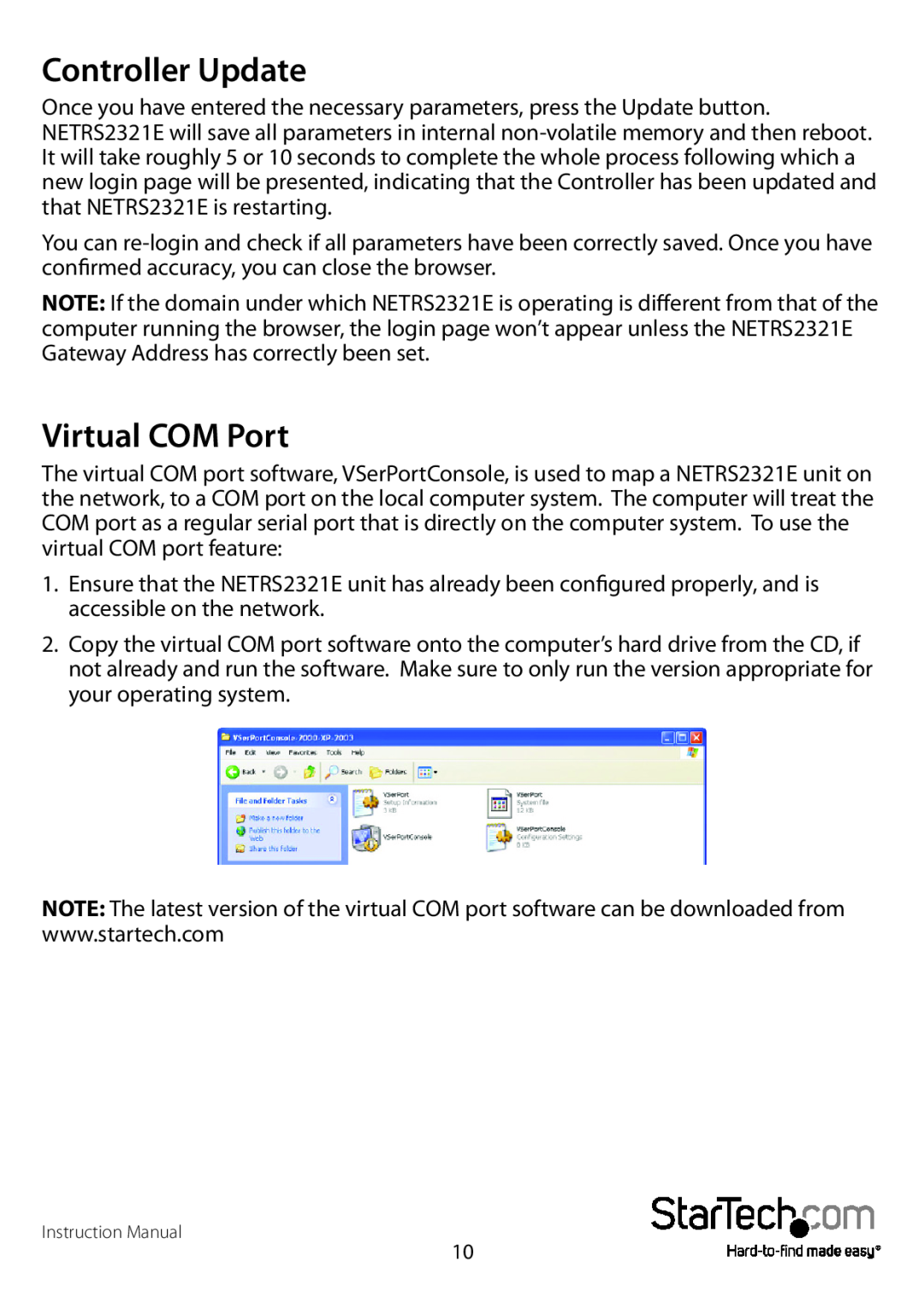 StarTech.com NETRS2321EGB, NETRS2321EEU manual Controller Update, Virtual COM Port 