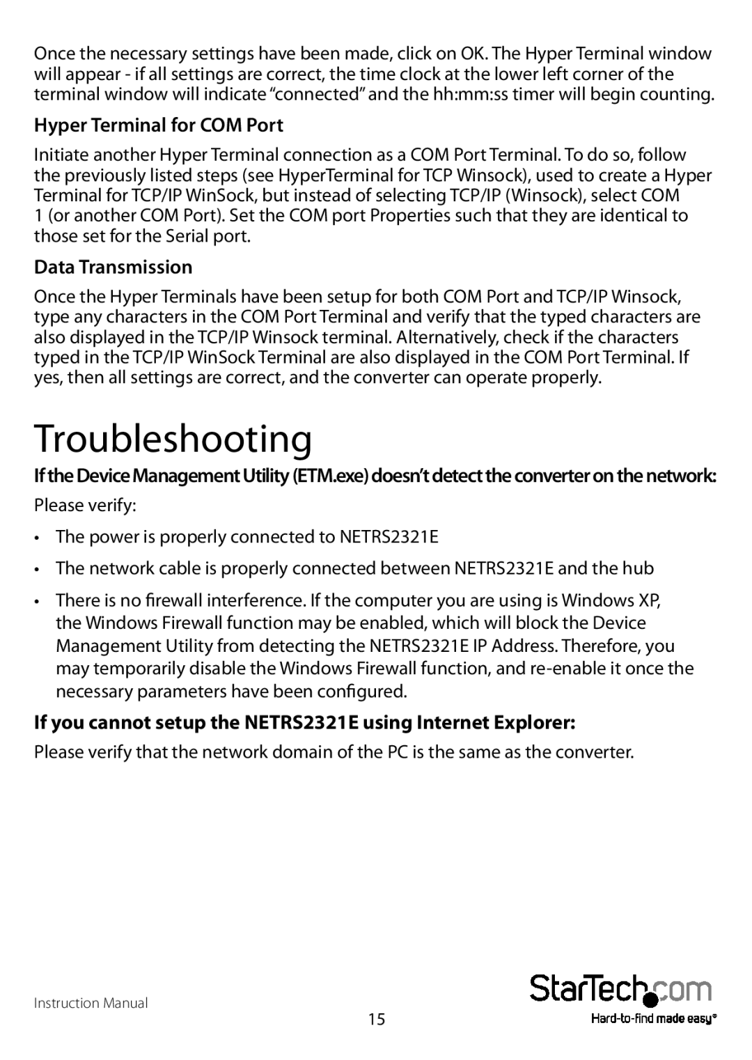 StarTech.com NETRS2321EGB, NETRS2321EEU manual Troubleshooting, Hyper Terminal for COM Port, Data Transmission 