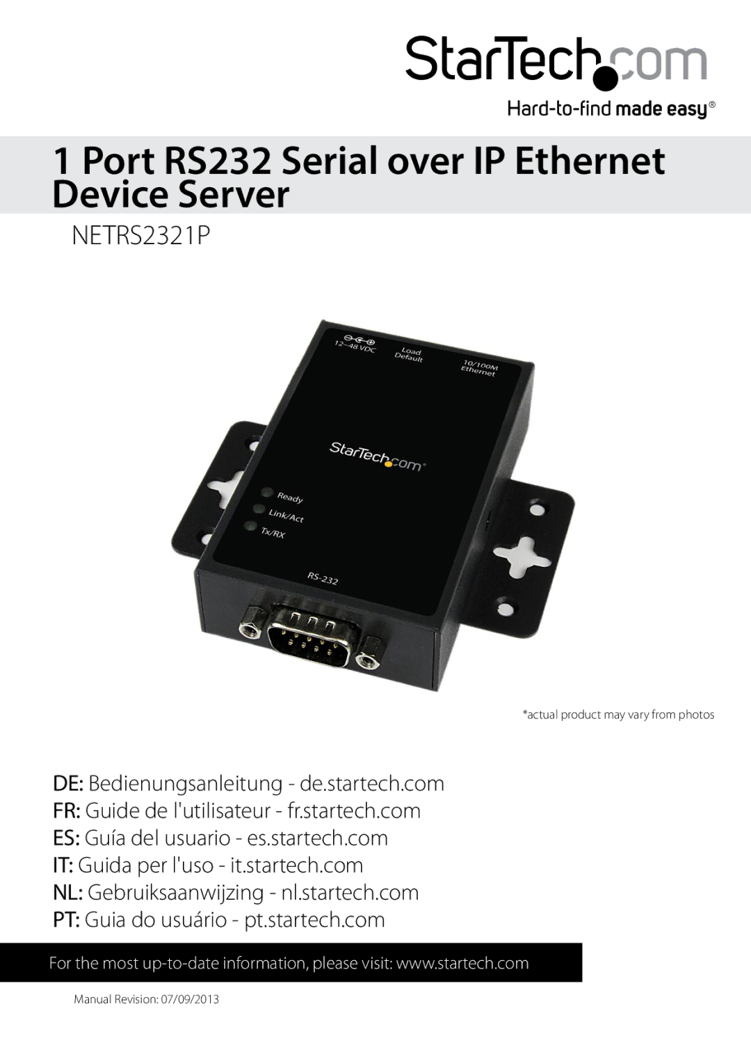 StarTech.com NETRS2321P manual Port RS232 Serial over IP Ethernet Device Server 