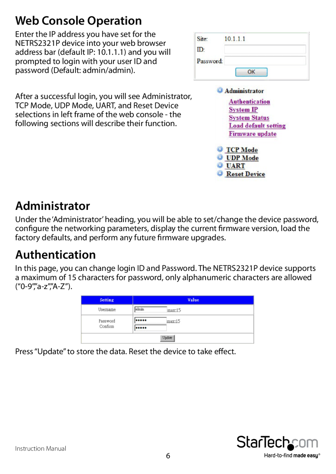 StarTech.com NETRS2321P manual Web Console Operation, Administrator, Authentication 