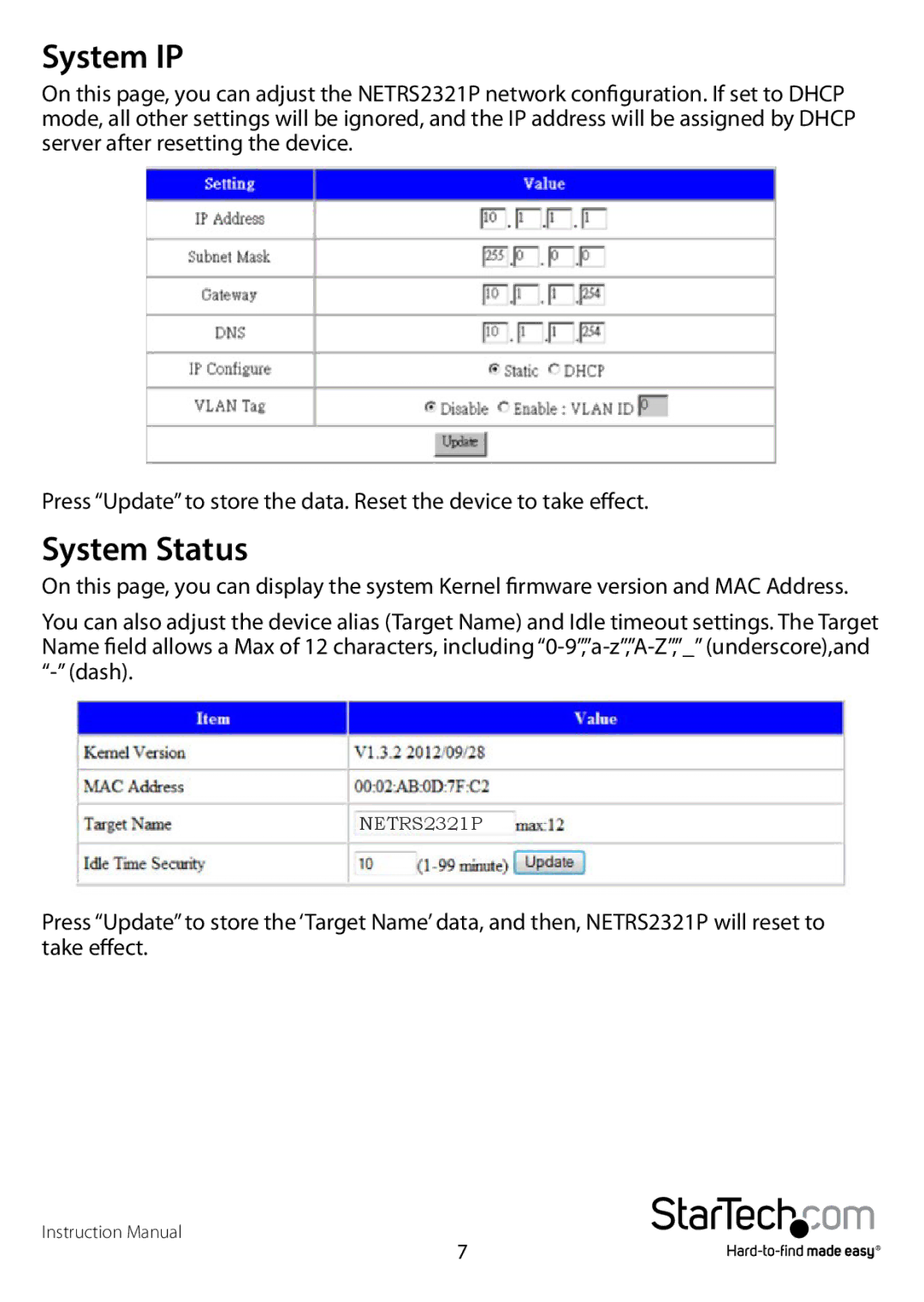 StarTech.com NETRS2321P manual System IP, System Status 