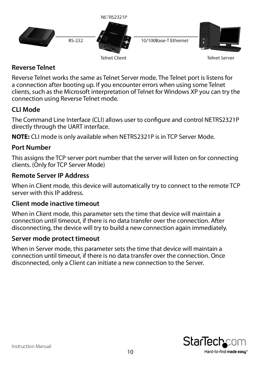 StarTech.com NETRS2321P Reverse Telnet, CLI Mode, Port Number, Remote Server IP Address, Client mode inactive timeout 