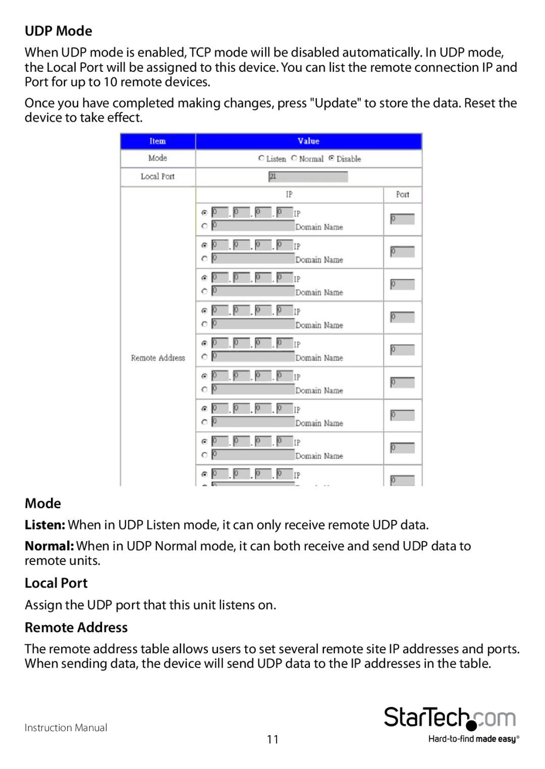 StarTech.com NETRS2321P manual UDP Mode, Local Port, Remote Address 