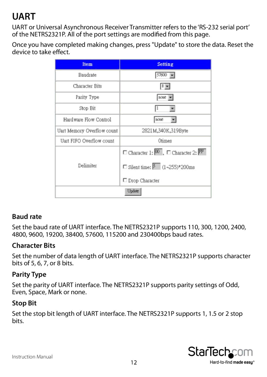 StarTech.com NETRS2321P manual Baud rate, Character Bits, Parity Type, Stop Bit 